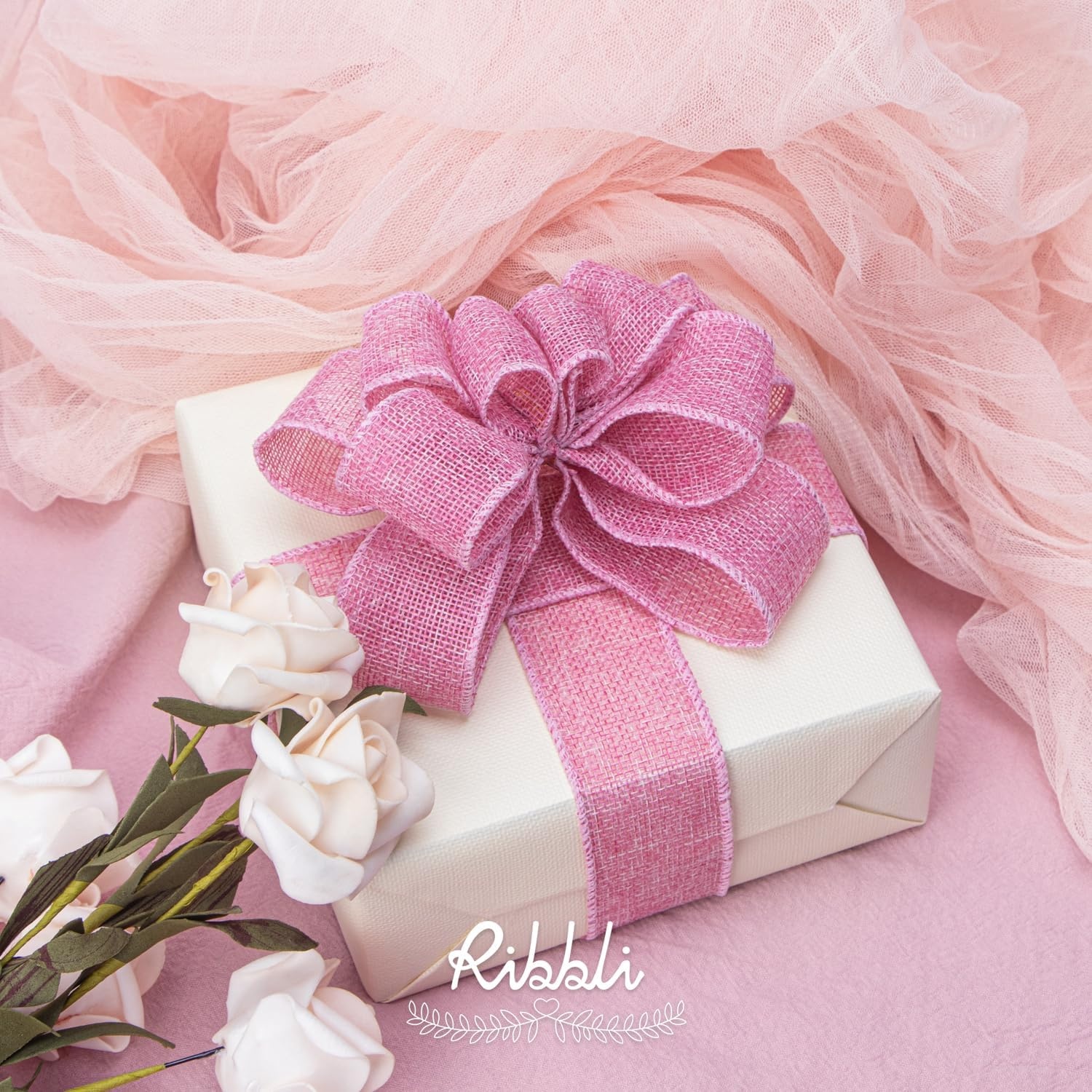 Ribbli Pink Burlap Valentine’s Day Wired Ribbon,1-1/2 Inch x 10 Yard,Easter Wired Edge Ribbon for Big Bow,Wreath,Tree Decoration,Outdoor Decoration(Pink)