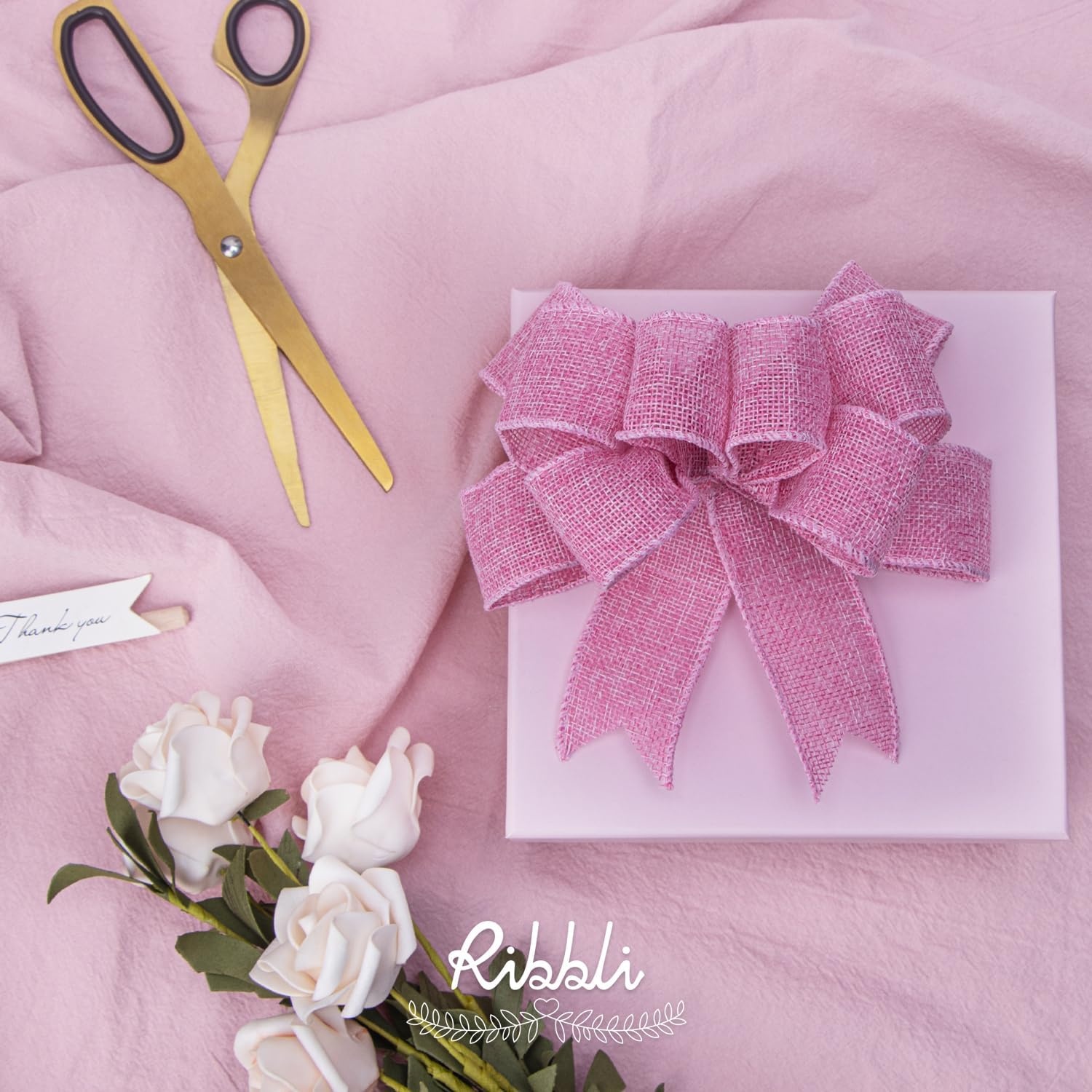 Ribbli Pink Burlap Valentine’s Day Wired Ribbon,1-1/2 Inch x 10 Yard,Easter Wired Edge Ribbon for Big Bow,Wreath,Tree Decoration,Outdoor Decoration(Pink)