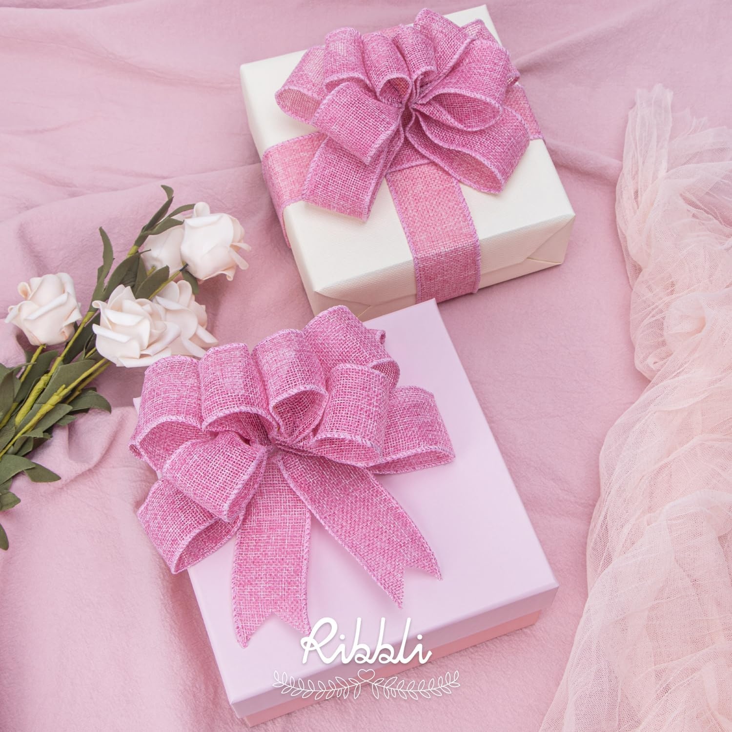 Ribbli Pink Burlap Valentine’s Day Wired Ribbon,1-1/2 Inch x 10 Yard,Easter Wired Edge Ribbon for Big Bow,Wreath,Tree Decoration,Outdoor Decoration(Pink)