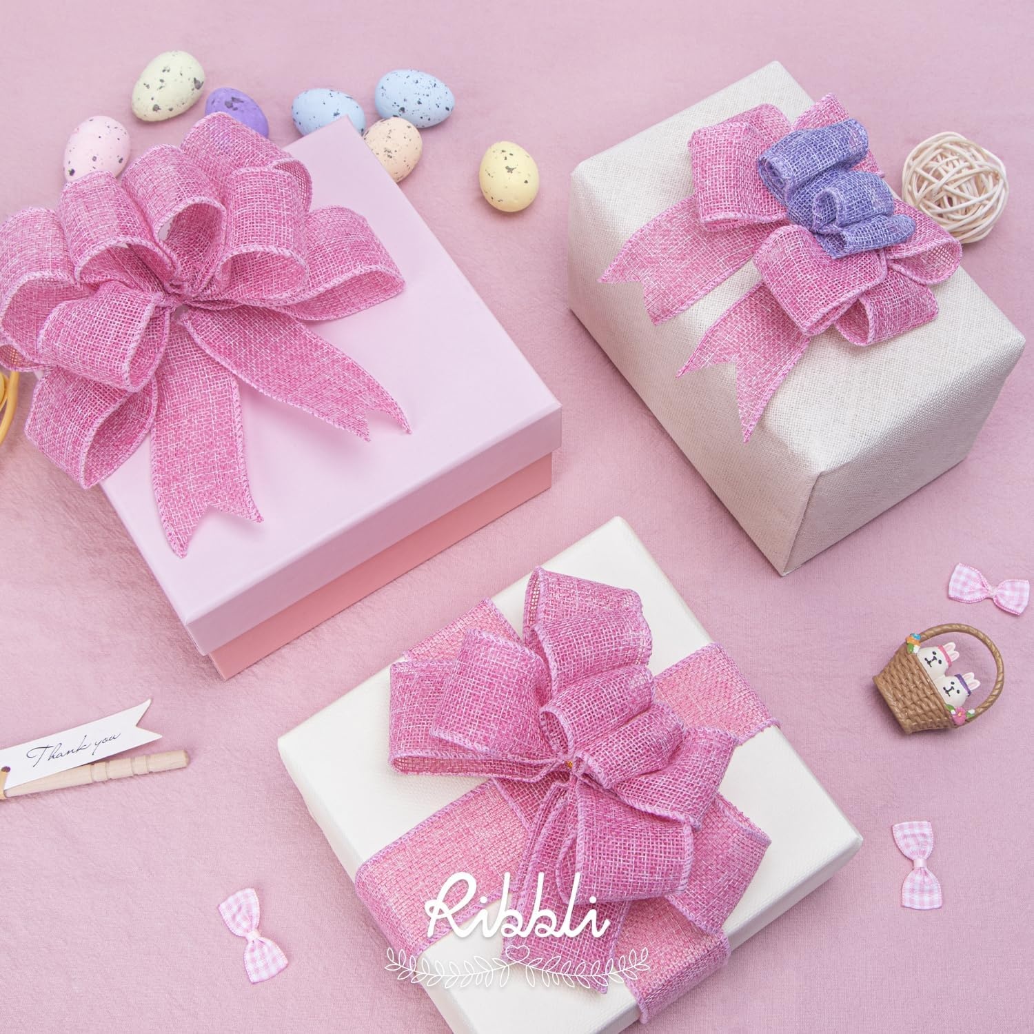 Ribbli Pink Burlap Valentine’s Day Wired Ribbon,1-1/2 Inch x 10 Yard,Easter Wired Edge Ribbon for Big Bow,Wreath,Tree Decoration,Outdoor Decoration(Pink)