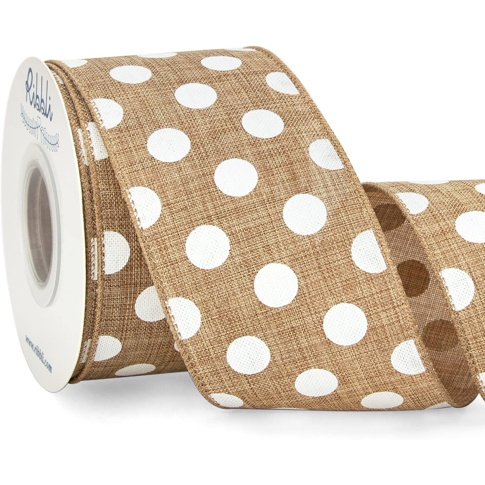 Ribbli Black and White Polka Dot Wired Burlap Ribbon,2-1/2 Inch x 10 Yard(Beige/White)
