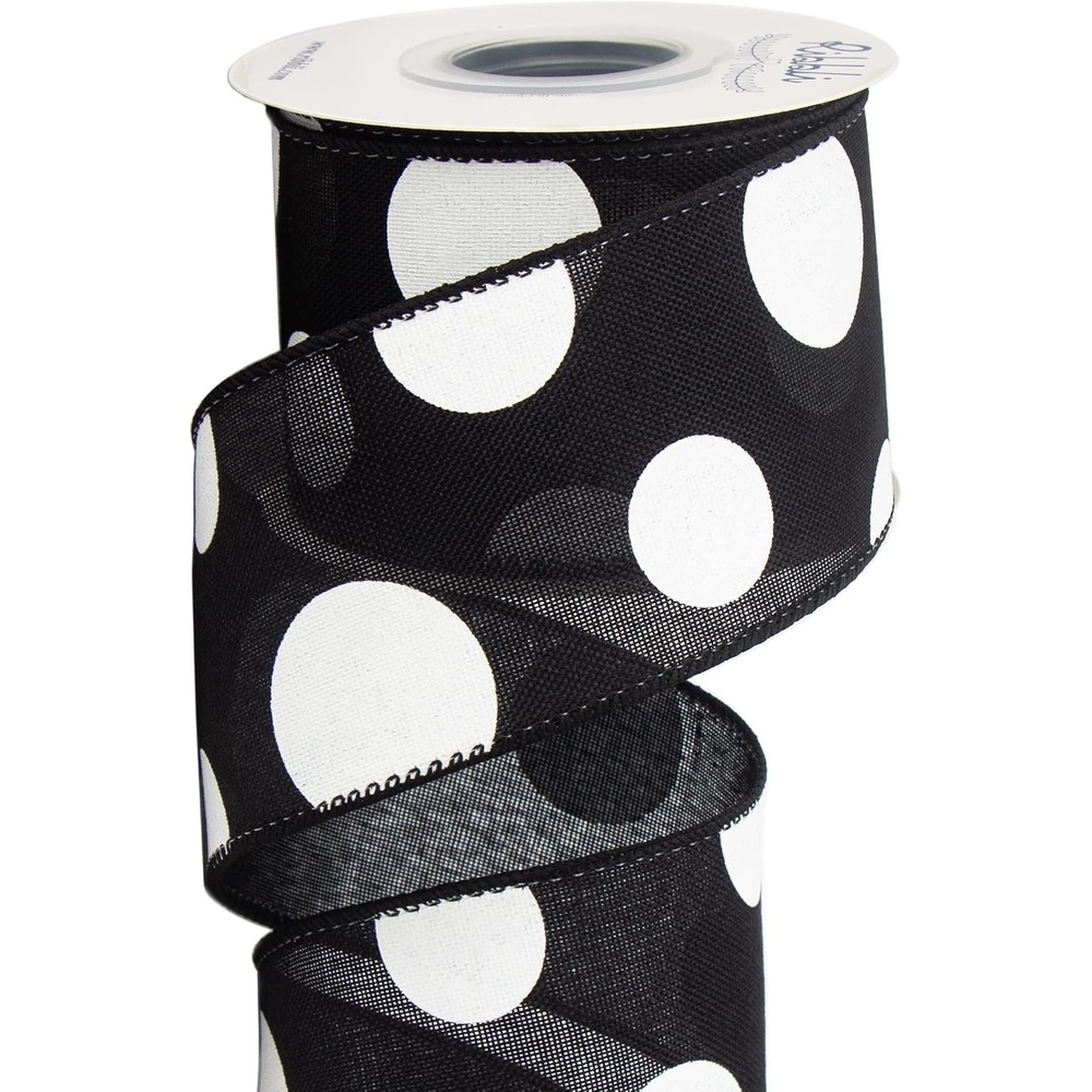Ribbli Black and White Polka Dot Wired Burlap Ribbon,2-1/2 Inch x 10 Yard(Big White/Black)