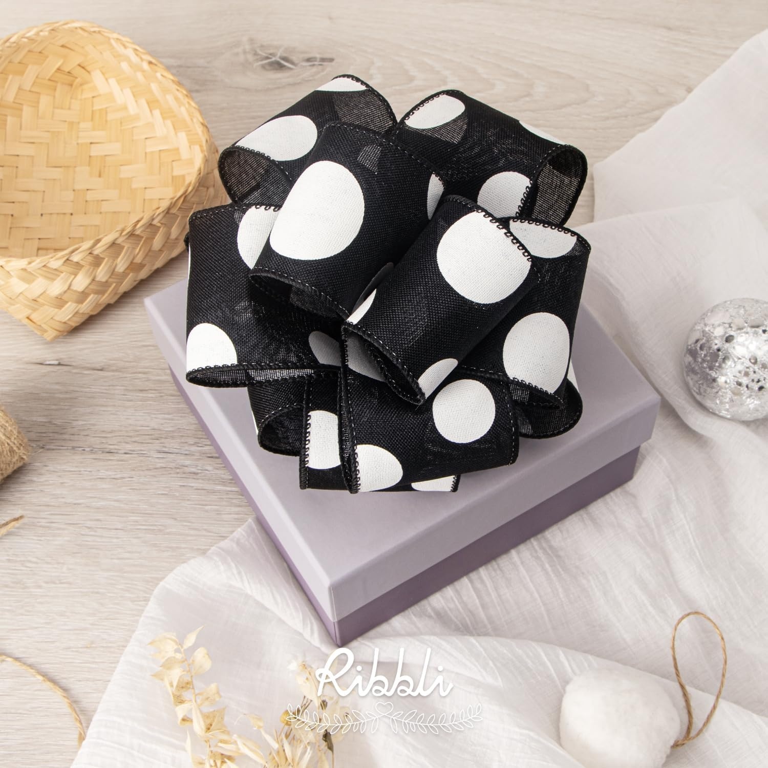 Ribbli Black and White Polka Dot Wired Burlap Ribbon,2-1/2 Inch x 10 Yard(Big White/Black)