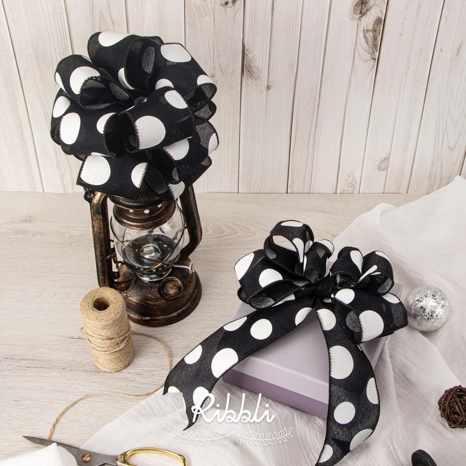 Ribbli Black and White Polka Dot Wired Burlap Ribbon,2-1/2 Inch x 10 Yard(Big White/Black)