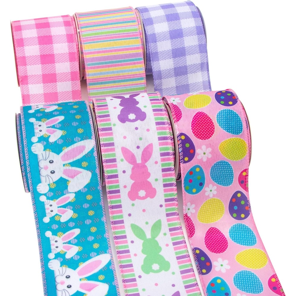 Ribbli Easter Ribbon Wired-Easter Bunny/Eggs/Colorful Stripe/Pink and Purple Check Burlap Ribbon 2-1/2 Inch Total 90 Feets(30 Yards) 6 Rolls Spring Ribbon for Crafts Wreaths Wrapping Outdoor Decor
