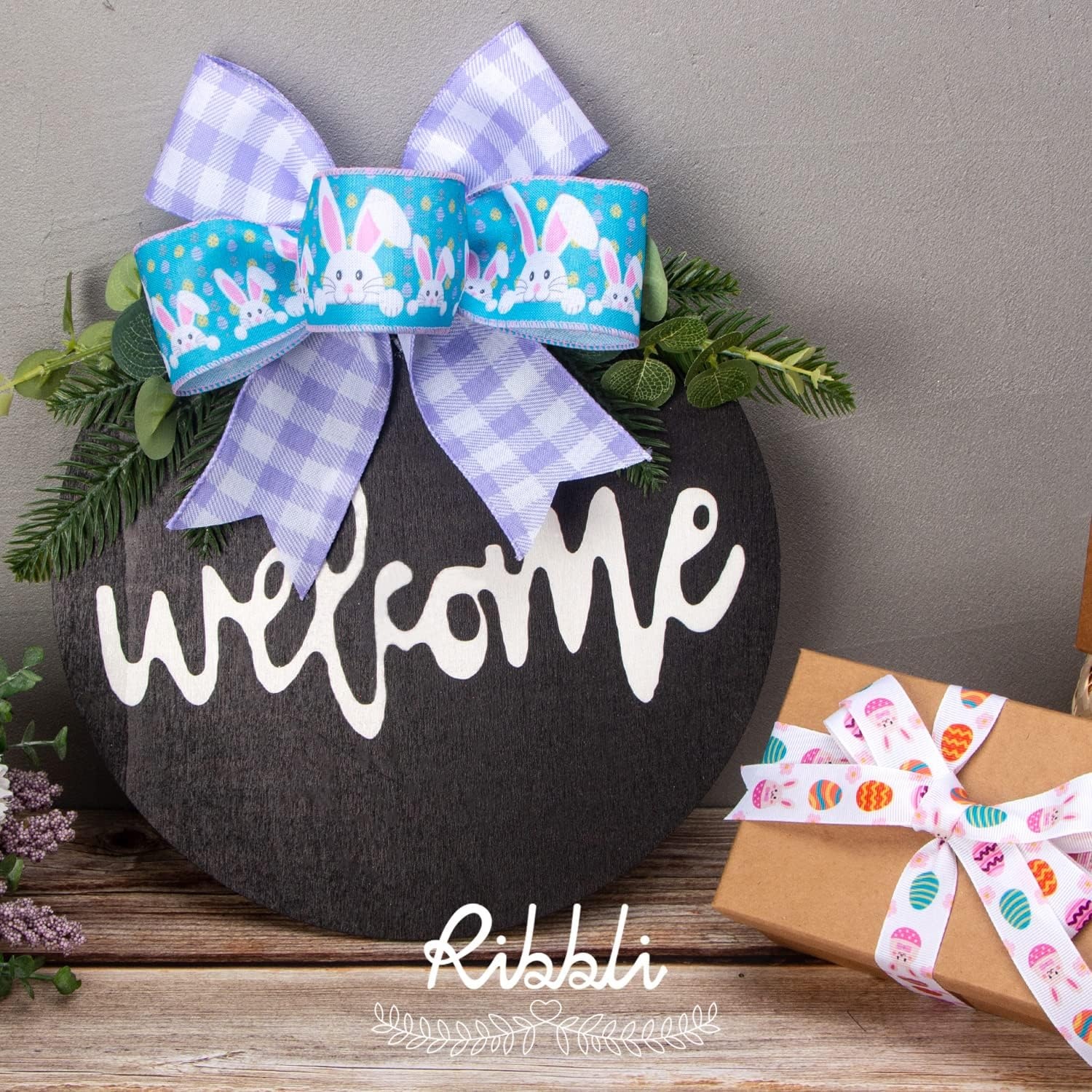 Ribbli Easter Ribbon Wired-Easter Bunny/Eggs/Colorful Stripe/Pink and Purple Check Burlap Ribbon 2-1/2 Inch Total 90 Feets(30 Yards) 6 Rolls Spring Ribbon for Crafts Wreaths Wrapping Outdoor Decor