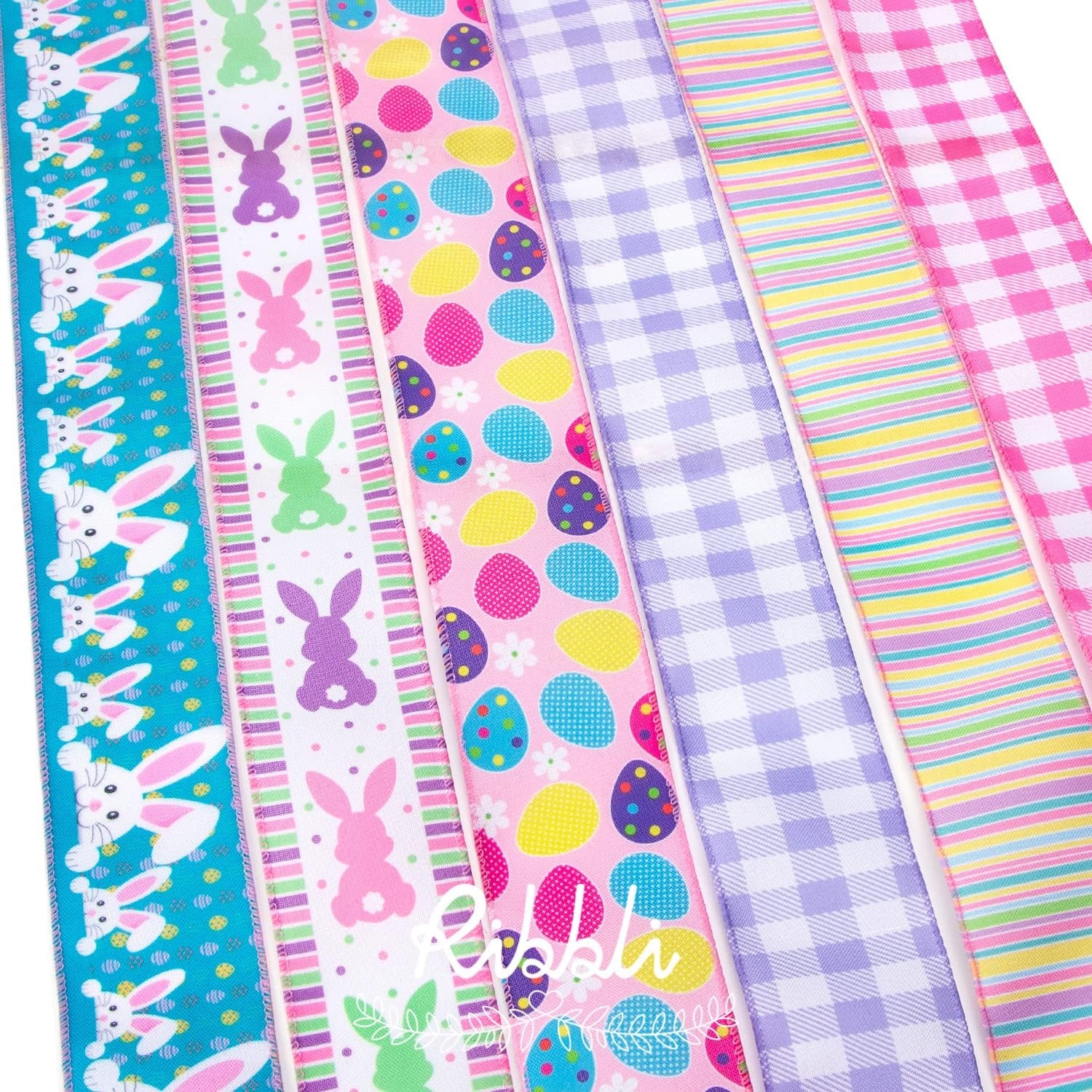 Ribbli Easter Ribbon Wired-Easter Bunny/Eggs/Colorful Stripe/Pink and Purple Check Burlap Ribbon 2-1/2 Inch Total 90 Feets(30 Yards) 6 Rolls Spring Ribbon for Crafts Wreaths Wrapping Outdoor Decor