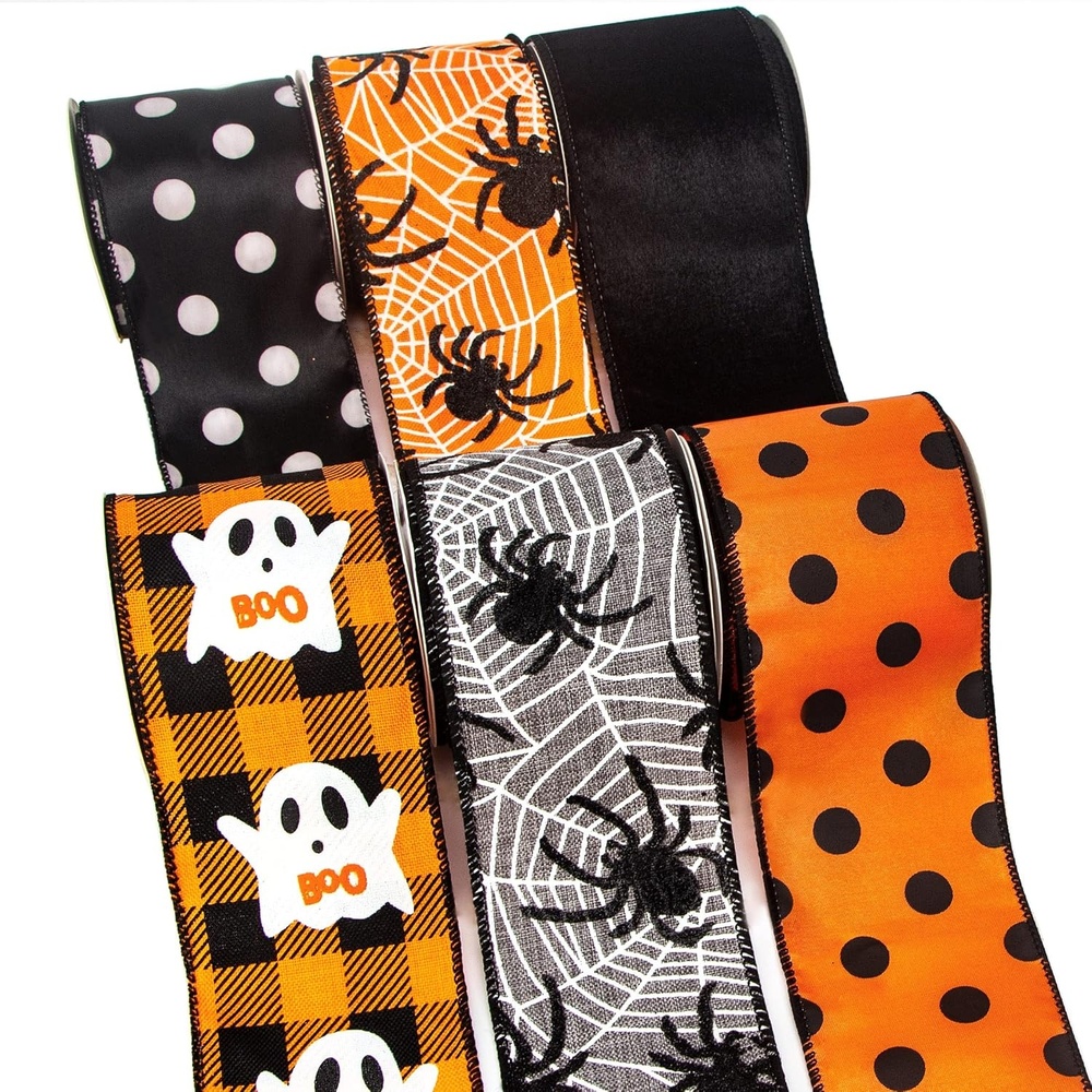 Ribbli Halloween Ribbon Wired,6 Rolls Orange and Black Halloween Ribbon 2.5 Inch Total 90 Feets(30 Yards), Ghost/Spider/Polka Dot/Black Velvet Ribbon for Crafts,Wreaths,Party Decoration