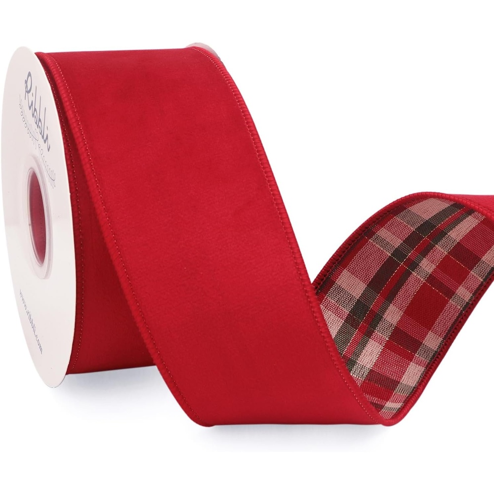 Ribbli Red Velvet Wired Ribbon with Metallic Plaid Reversible 2.5 Inch Christmas Ribbon for Gift Wrapping Christmas Tree Decoration Crafts Wreaths Supplies-Continuous 10 Yards(Red)