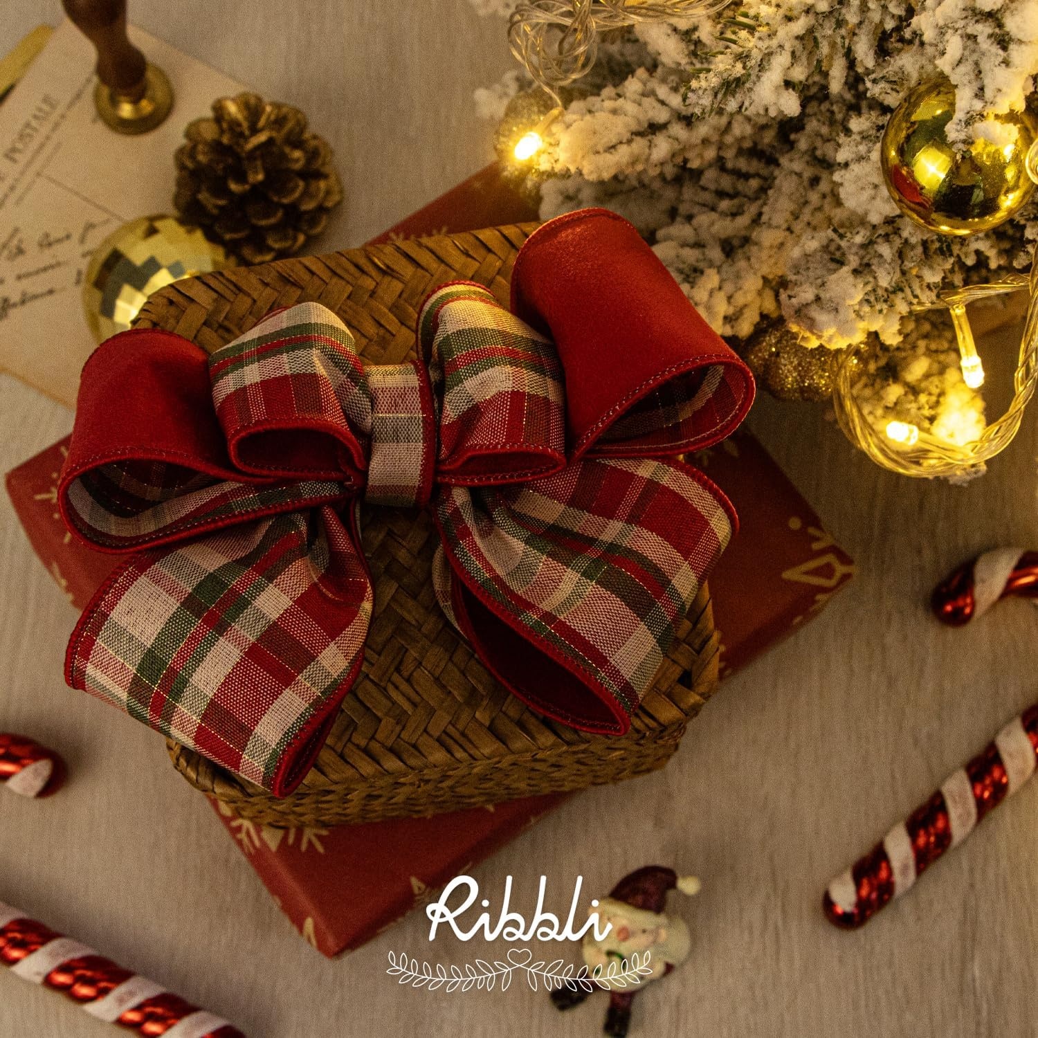 Ribbli Red Velvet Wired Ribbon with Metallic Plaid Reversible 2.5 Inch Christmas Ribbon for Gift Wrapping Christmas Tree Decoration Crafts Wreaths Supplies-Continuous 10 Yards(Red)
