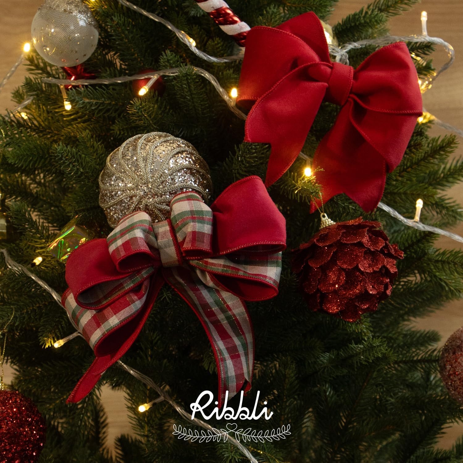 Ribbli Red Velvet Wired Ribbon with Metallic Plaid Reversible 2.5 Inch Christmas Ribbon for Gift Wrapping Christmas Tree Decoration Crafts Wreaths Supplies-Continuous 10 Yards(Red)
