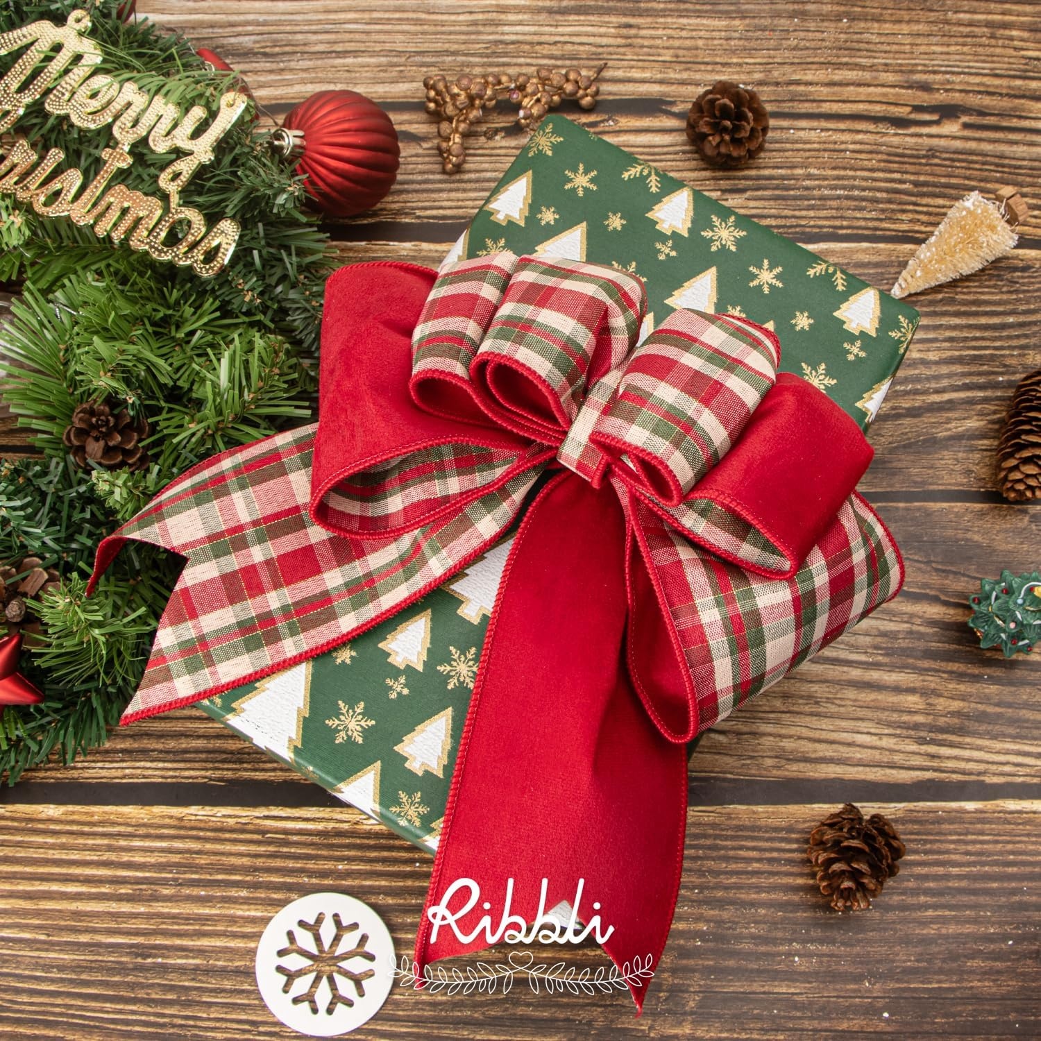 Ribbli Red Velvet Wired Ribbon with Metallic Plaid Reversible 2.5 Inch Christmas Ribbon for Gift Wrapping Christmas Tree Decoration Crafts Wreaths Supplies-Continuous 10 Yards(Red)