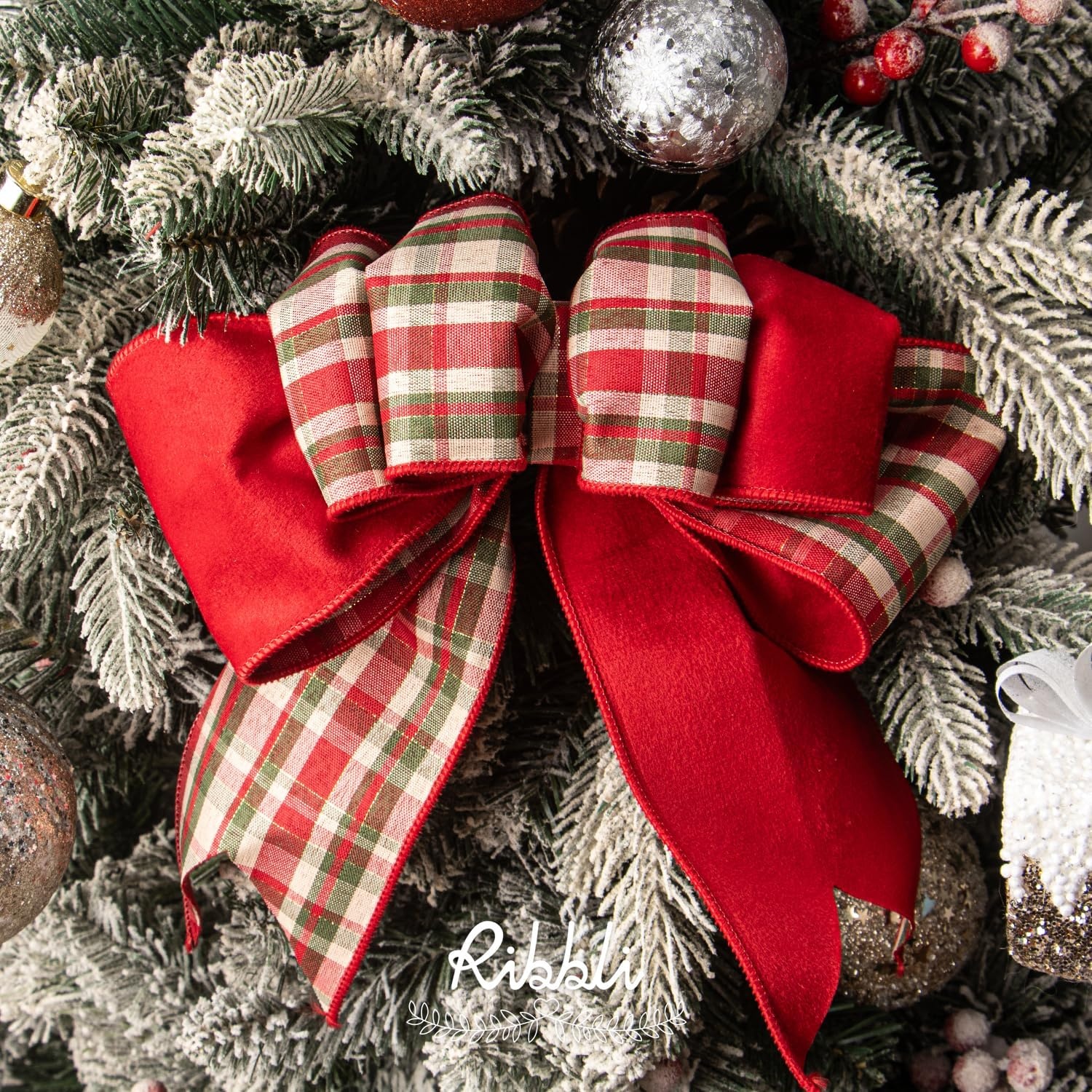 Ribbli Red Velvet Wired Ribbon with Metallic Plaid Reversible 2.5 Inch Christmas Ribbon for Gift Wrapping Christmas Tree Decoration Crafts Wreaths Supplies-Continuous 10 Yards(Red)