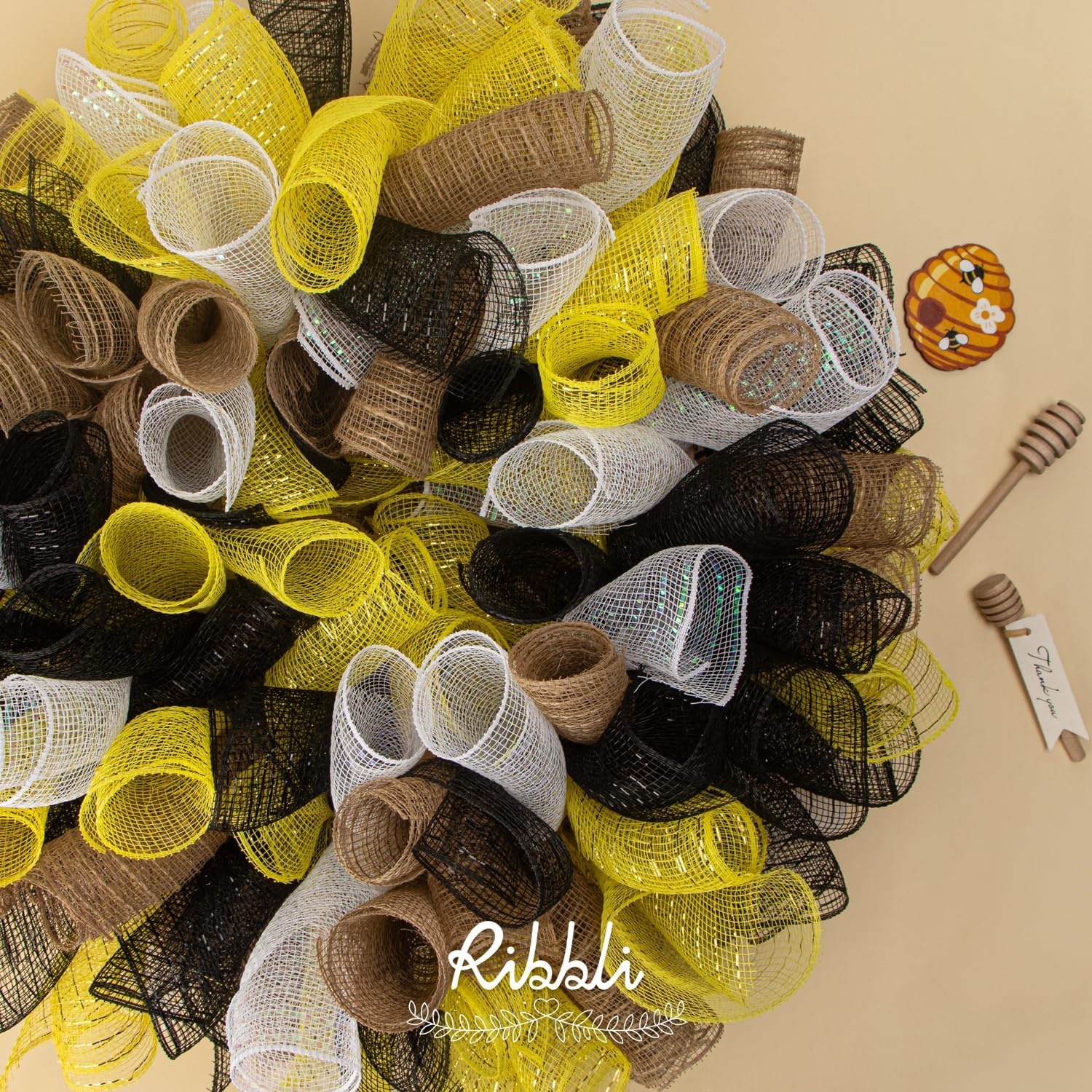 Ribbli Yellow Metallic Mesh Ribbon, 10 inch x 30 feet(10Yard), Yellow with Gold Foil, Use for Wreath Swags and Christmas Tree Decoration(Black/Black)