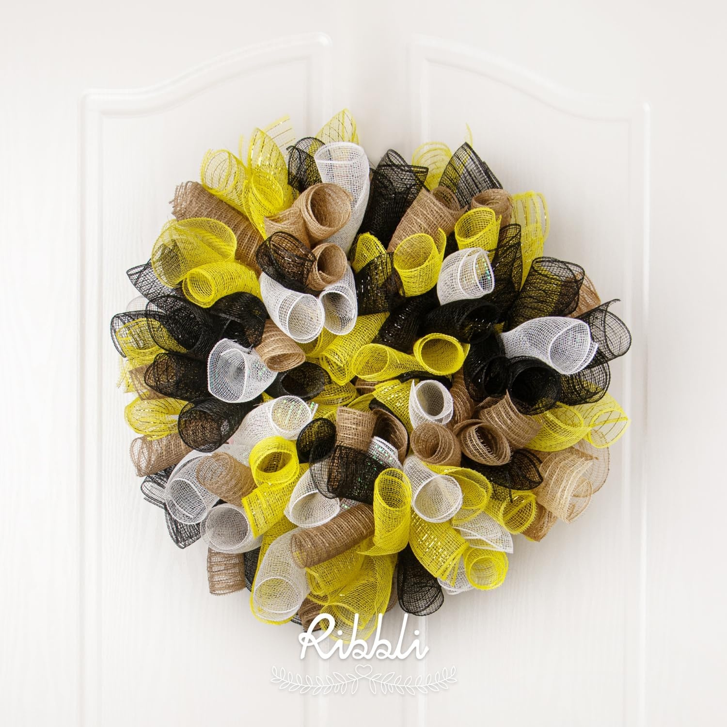 Ribbli Yellow Metallic Mesh Ribbon, 10 inch x 30 feet(10Yard), Yellow with Gold Foil, Use for Wreath Swags and Christmas Tree Decoration(Black/Black)