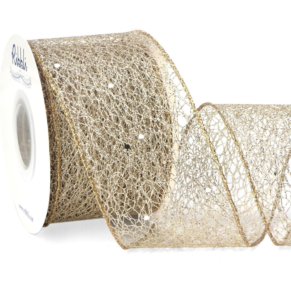 Ribbli Christmas Ribbon,Glitter Mesh Wired Ribbon for Christmas Tree, Silver Sparkling 2.5 Inch x 10 Yard for Crafts, Big Bow,Gift Wrapping, Wreath(Champagne Gold)