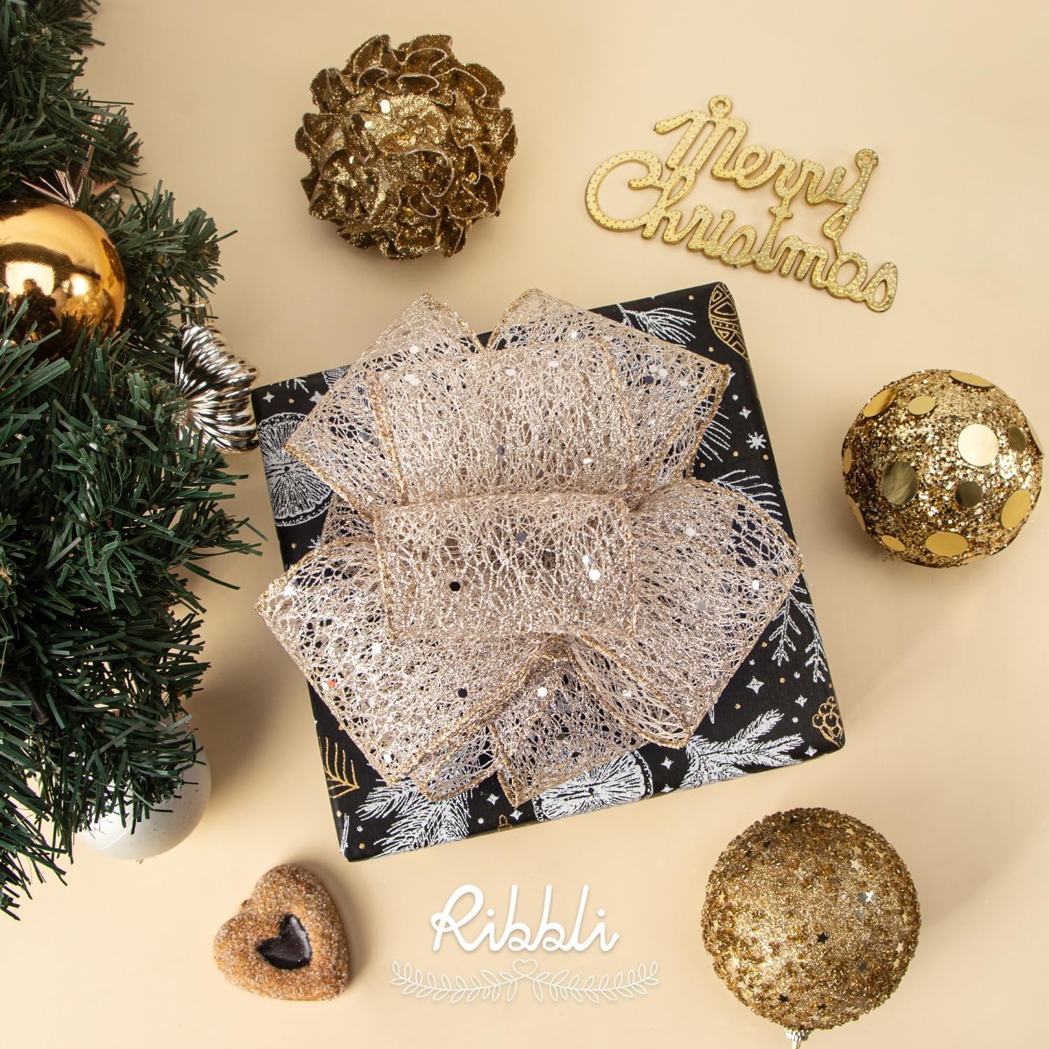 Ribbli Christmas Ribbon,Glitter Mesh Wired Ribbon for Christmas Tree, Silver Sparkling 2.5 Inch x 10 Yard for Crafts, Big Bow,Gift Wrapping, Wreath(Champagne Gold)