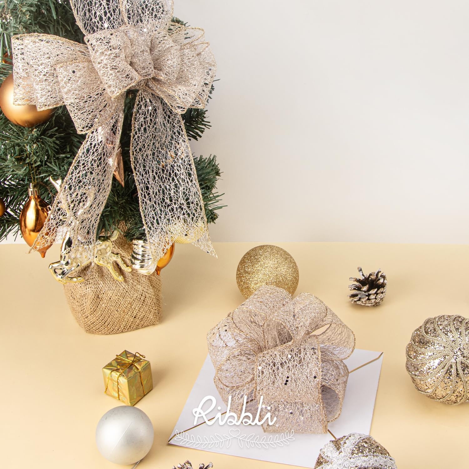 Ribbli Christmas Ribbon,Glitter Mesh Wired Ribbon for Christmas Tree, Silver Sparkling 2.5 Inch x 10 Yard for Crafts, Big Bow,Gift Wrapping, Wreath(Champagne Gold)