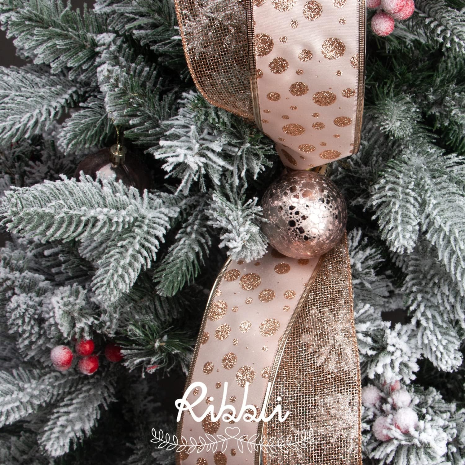 Ribbli Blue & Silver Christmas Tree Ribbon – Wired, Glitter, 2.5 Inch x 6 Rolls, Total 36 Yards – For Tree, Crafts, Gift Wrapping, Wreaths, Garland, Home Decor(Rose Gold)