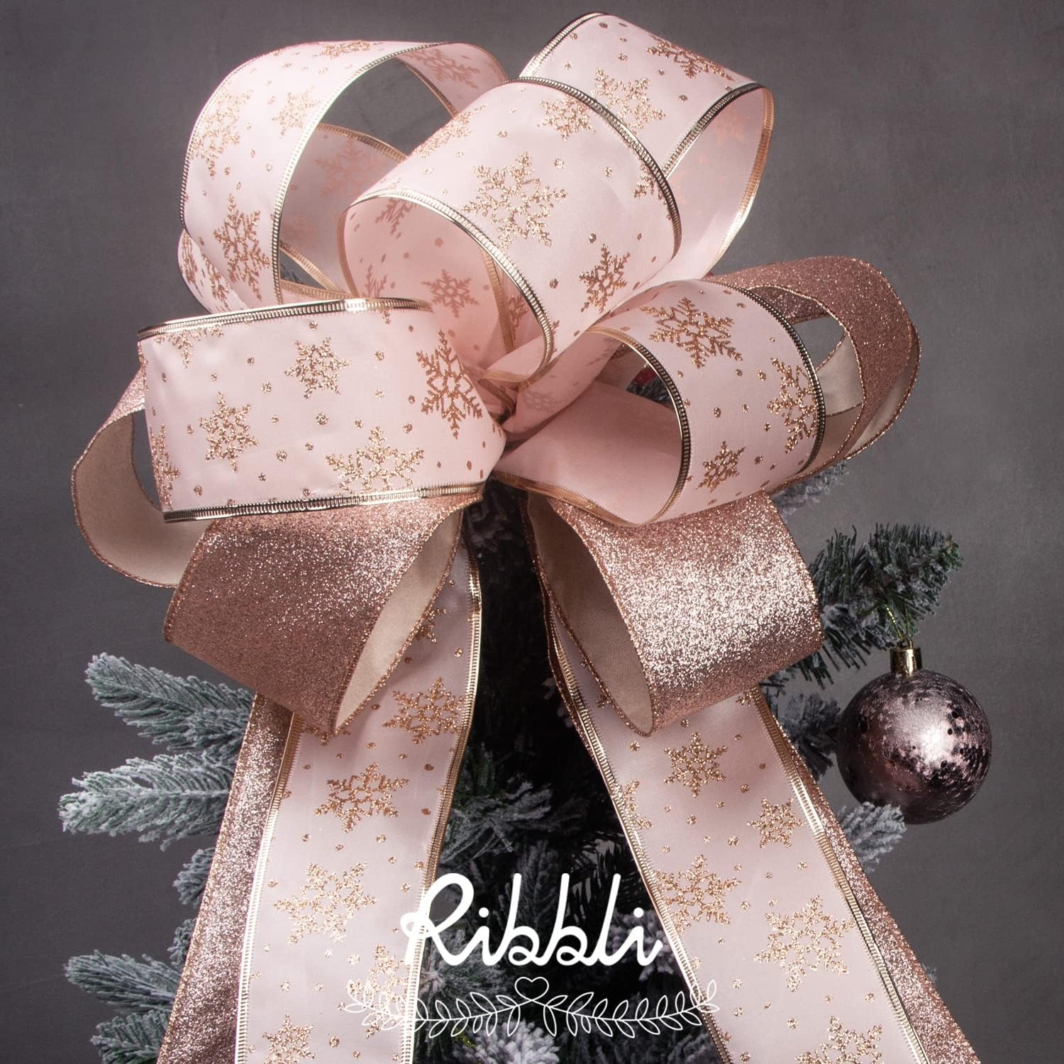 Ribbli Blue & Silver Christmas Tree Ribbon – Wired, Glitter, 2.5 Inch x 6 Rolls, Total 36 Yards – For Tree, Crafts, Gift Wrapping, Wreaths, Garland, Home Decor(Rose Gold)