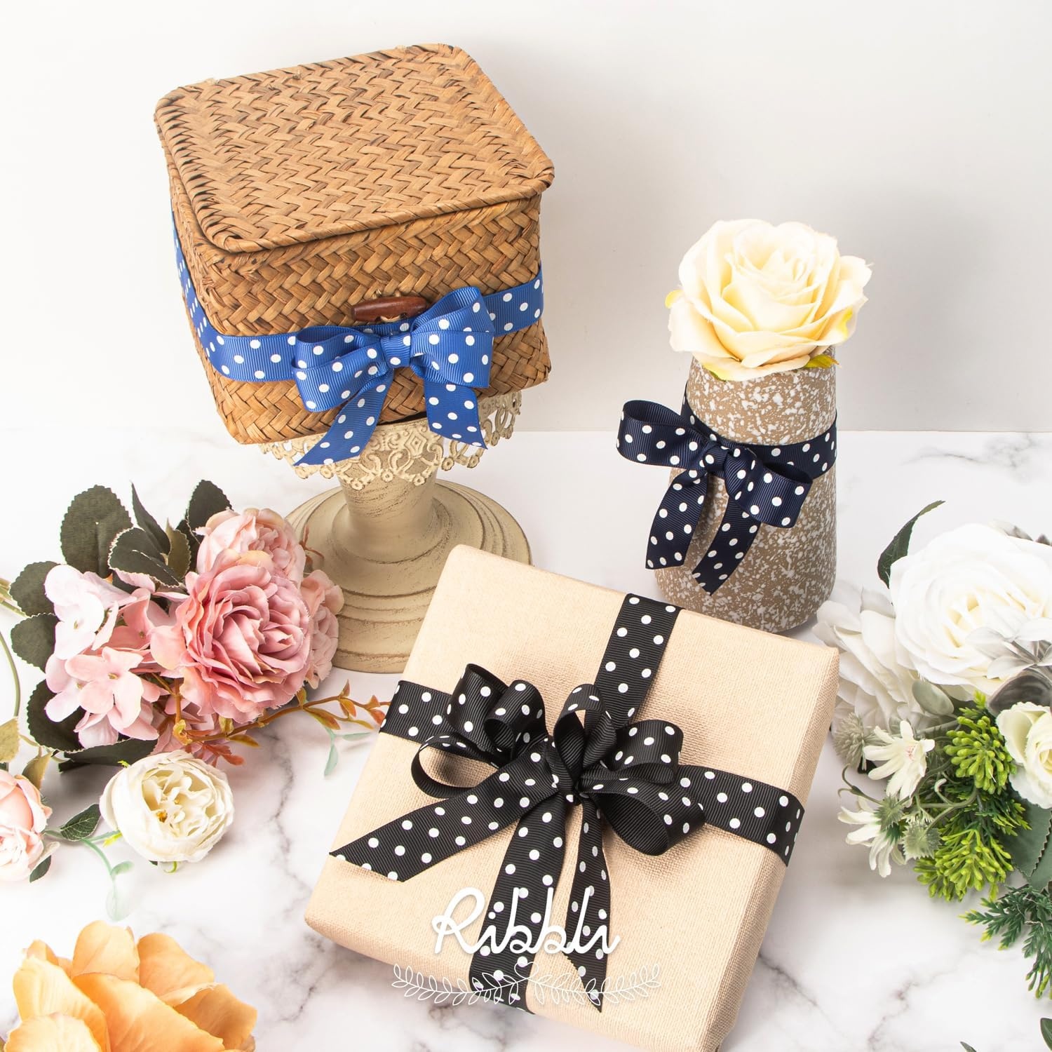 Ribbli Grosgrain Polka Dot Craft Ribbon,7/8 Inch,10-Yard Spool,Daffodil Yellow with White Dots,Use for Hair Bows,Gift Wrapping,All Crafting and Sewing(Navy/White)