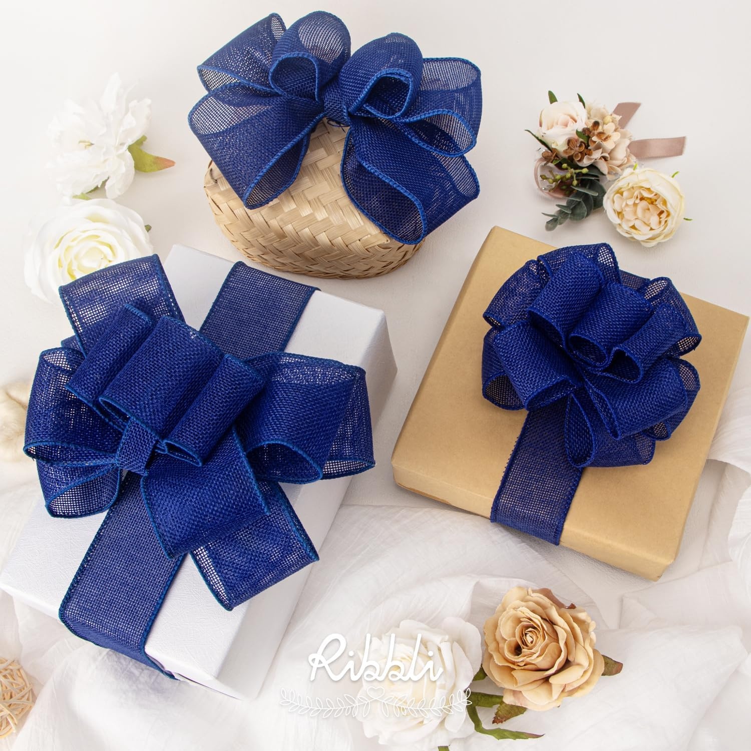 Ribbli Pink Burlap Valentine’s Day Wired Ribbon,1-1/2 Inch x 10 Yard,Easter Wired Edge Ribbon for Big Bow,Wreath,Tree Decoration,Outdoor Decoration(Dark Blue)