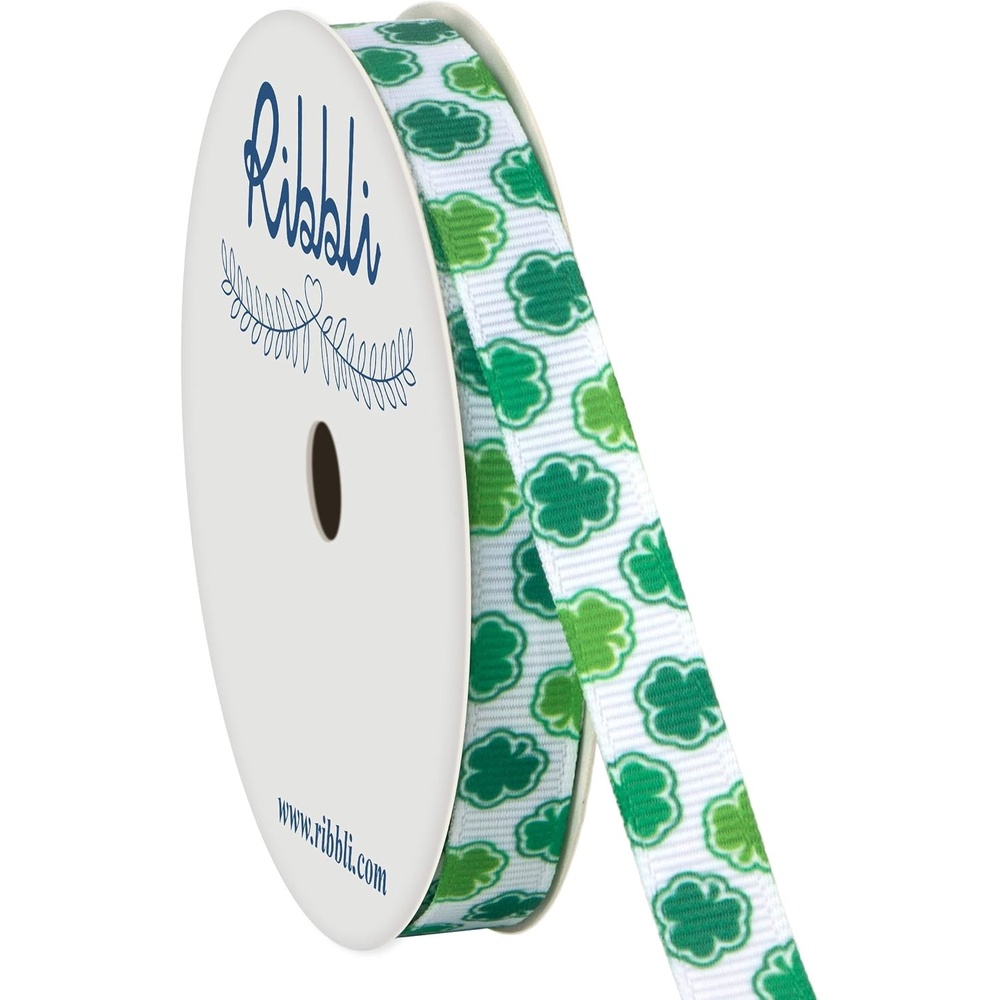 Ribbli Grosgrain Shamrock Craft Ribbon,3/8-Inch,10-Yard Spool, White/Green, Use for St. Patrick’s Day,Gift Wrapping,Party Decoration