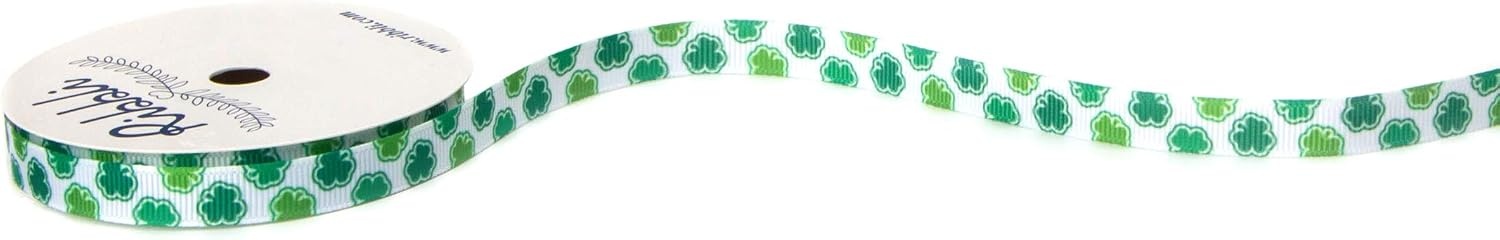 Ribbli Grosgrain Shamrock Craft Ribbon,3/8-Inch,10-Yard Spool, White/Green, Use for St. Patrick’s Day,Gift Wrapping,Party Decoration