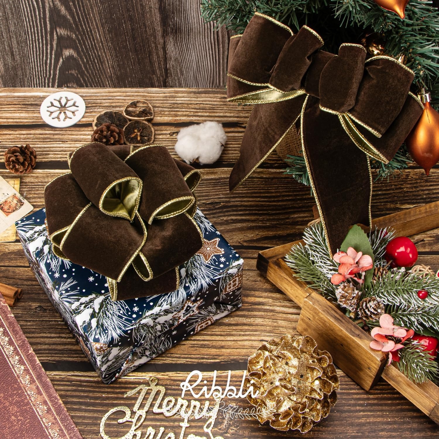 Ribbli Royal Blue Velvet Wired Ribbon 4 Inch Luxury Matte Velvet Christmas Ribbon for Gift Wrapping Christmas Tree Decoration Crafts Wreaths Supplies – 10 Yards(Brown)