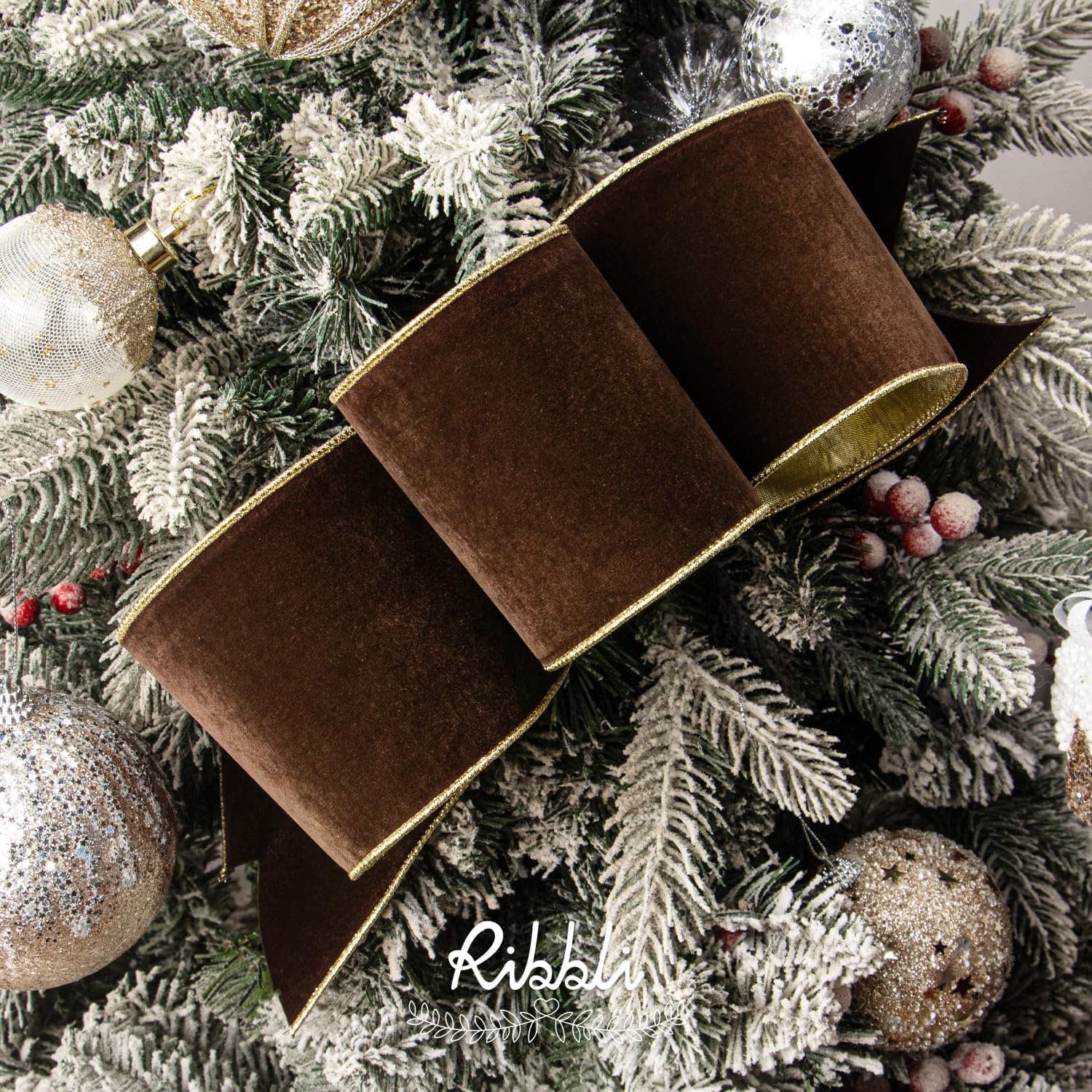 Ribbli Royal Blue Velvet Wired Ribbon 4 Inch Luxury Matte Velvet Christmas Ribbon for Gift Wrapping Christmas Tree Decoration Crafts Wreaths Supplies – 10 Yards(Brown)
