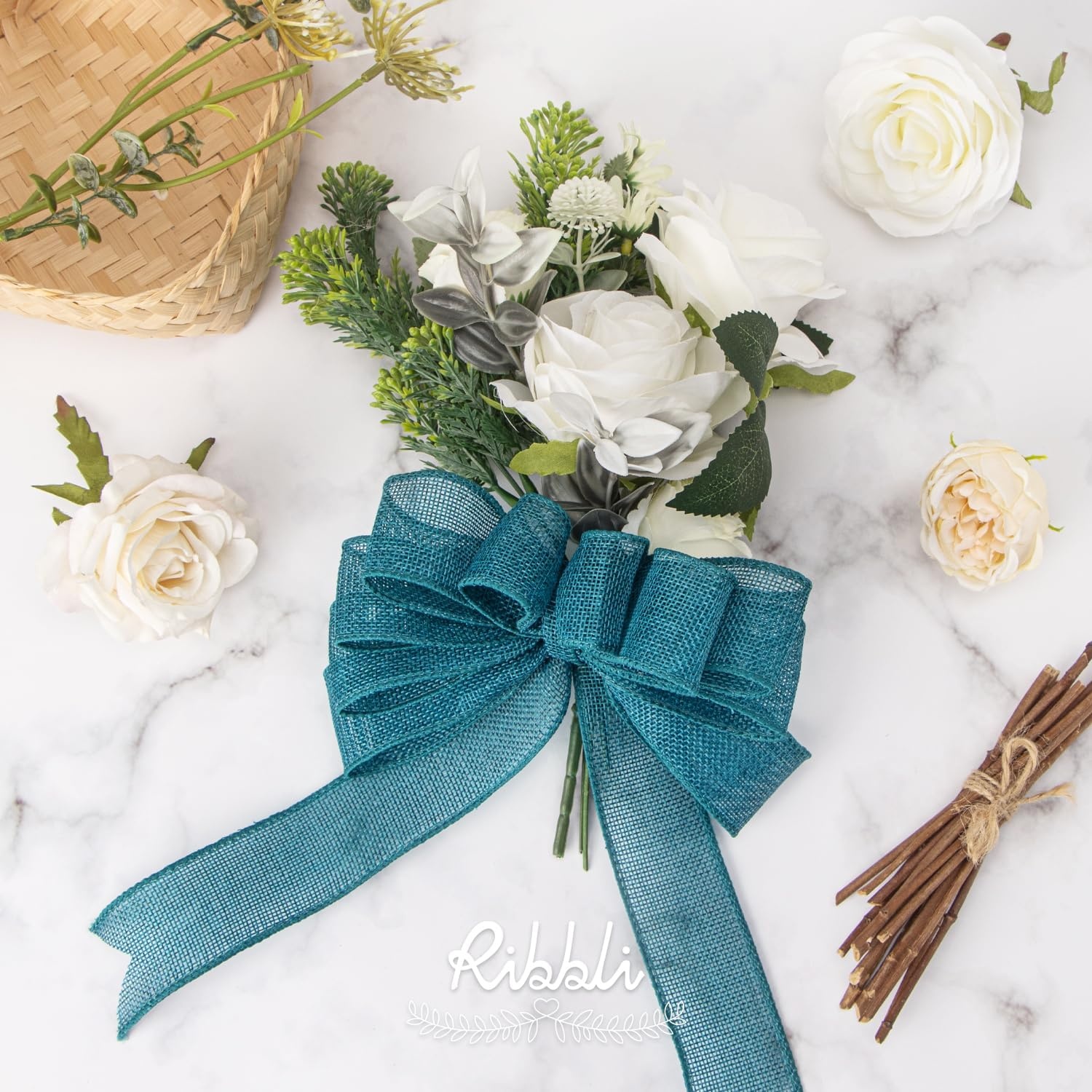 Ribbli Pink Burlap Valentine’s Day Wired Ribbon,1-1/2 Inch x 10 Yard,Easter Wired Edge Ribbon for Big Bow,Wreath,Tree Decoration,Outdoor Decoration(Turquoise Green)