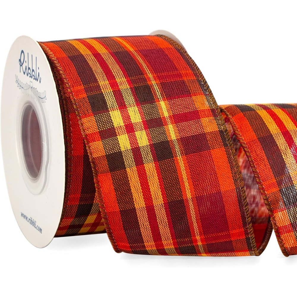 Ribbli Fall Burlap Wired Ribbon With Metallic Edge, 2-1/2 Inch x 10 Yard, Plaid Check Ribbon for Big Bow, Wreath, Gift Wrapping – Orange/Burgundy/Green(Burgundy/Brown)