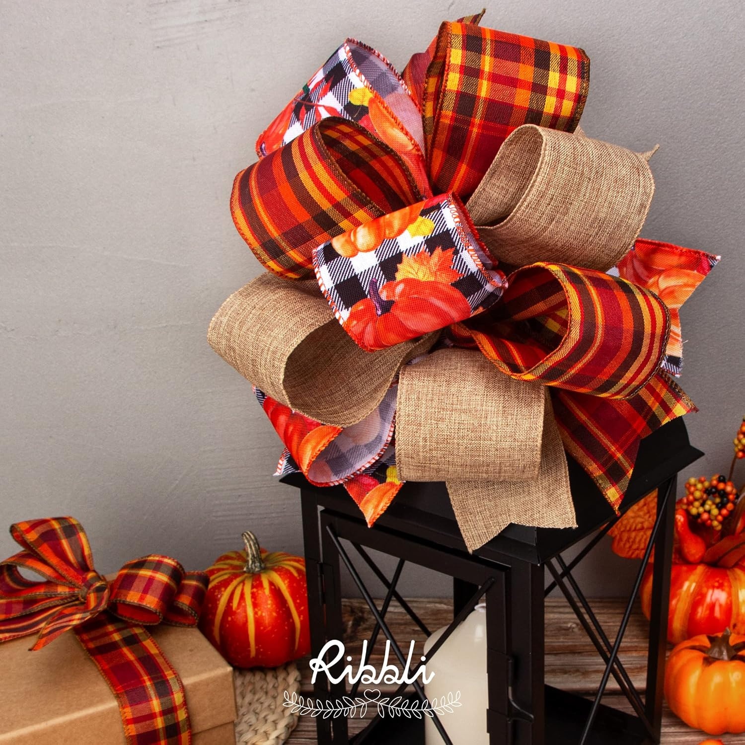 Ribbli Fall Burlap Wired Ribbon With Metallic Edge, 2-1/2 Inch x 10 Yard, Plaid Check Ribbon for Big Bow, Wreath, Gift Wrapping – Orange/Burgundy/Green(Burgundy/Brown)