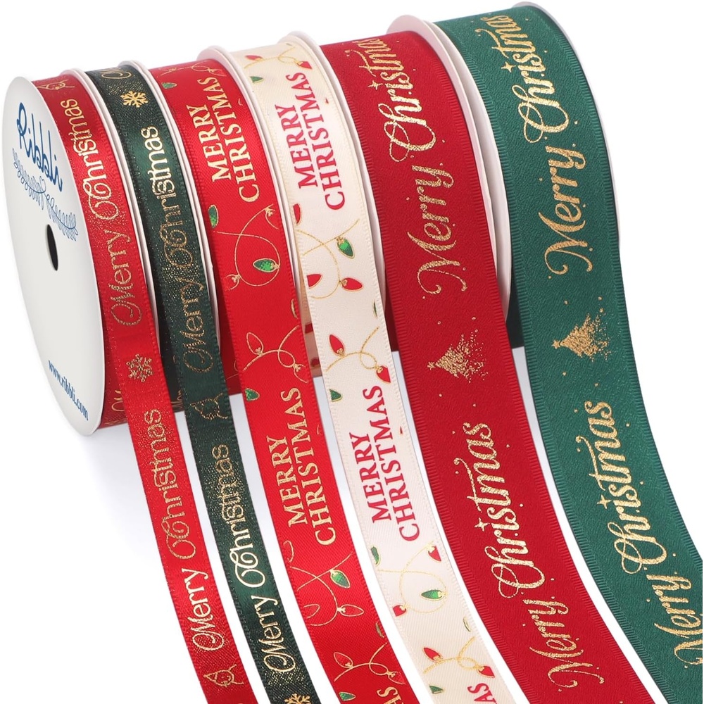 Ribbli Christmas Ribbon for Gift Wrapping, Merry Christmas Ribbon with Gold Pattern, Use for Christmas Craft,Gift Wrapping,Home Decor,3/8 5/8 1- 6 Rolls Total 30 Yards,Red/Green(Red/Green/Gold/Ivory)