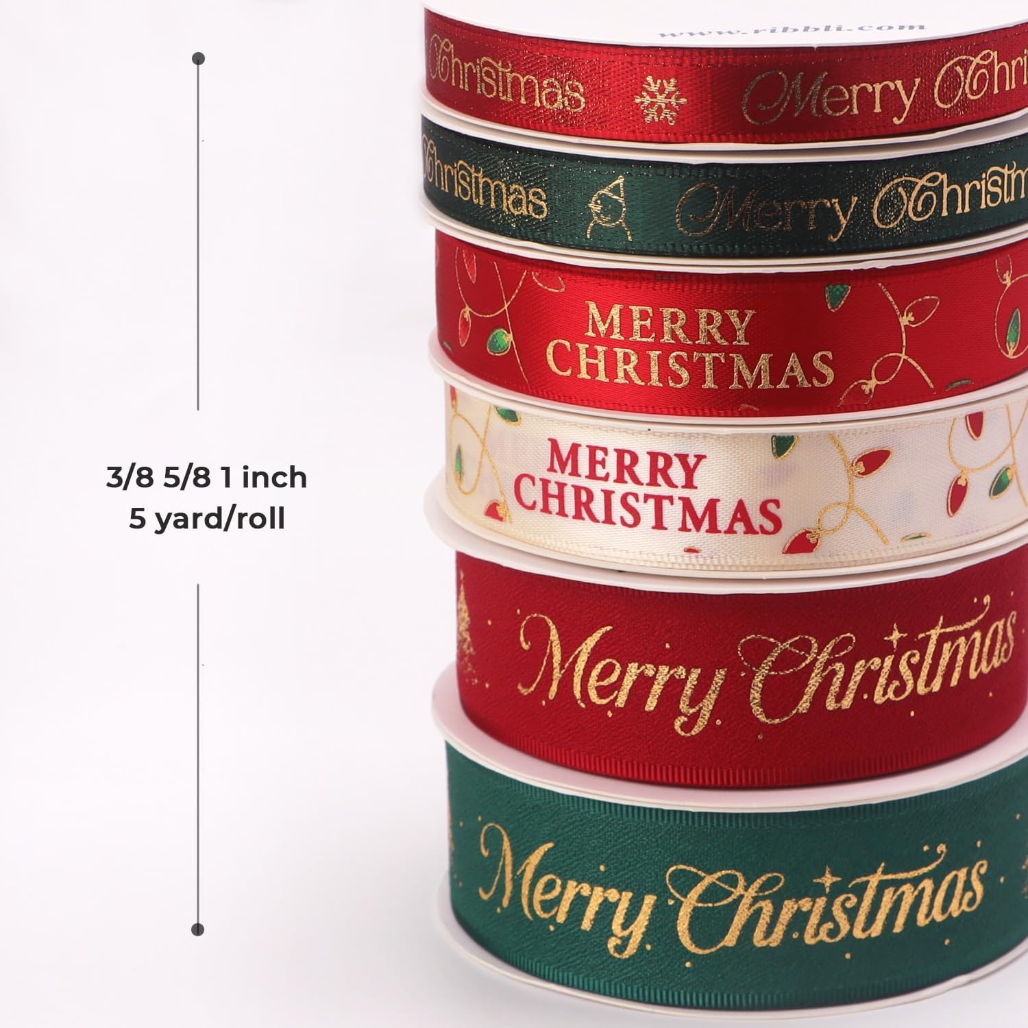 Ribbli Christmas Ribbon for Gift Wrapping, Merry Christmas Ribbon with Gold Pattern, Use for Christmas Craft,Gift Wrapping,Home Decor,3/8 5/8 1- 6 Rolls Total 30 Yards,Red/Green(Red/Green/Gold/Ivory)
