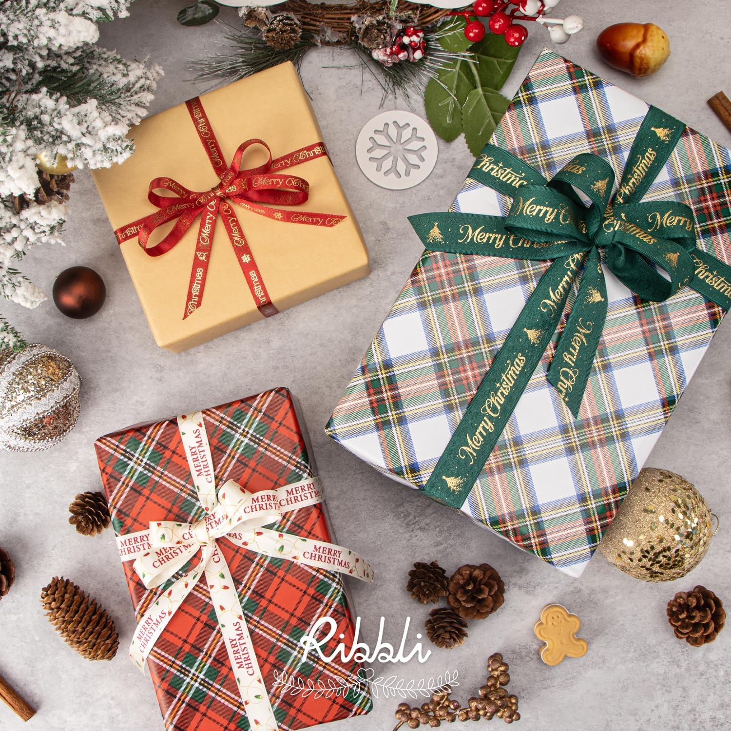 Ribbli Christmas Ribbon for Gift Wrapping, Merry Christmas Ribbon with Gold Pattern, Use for Christmas Craft,Gift Wrapping,Home Decor,3/8 5/8 1- 6 Rolls Total 30 Yards,Red/Green(Red/Green/Gold/Ivory)
