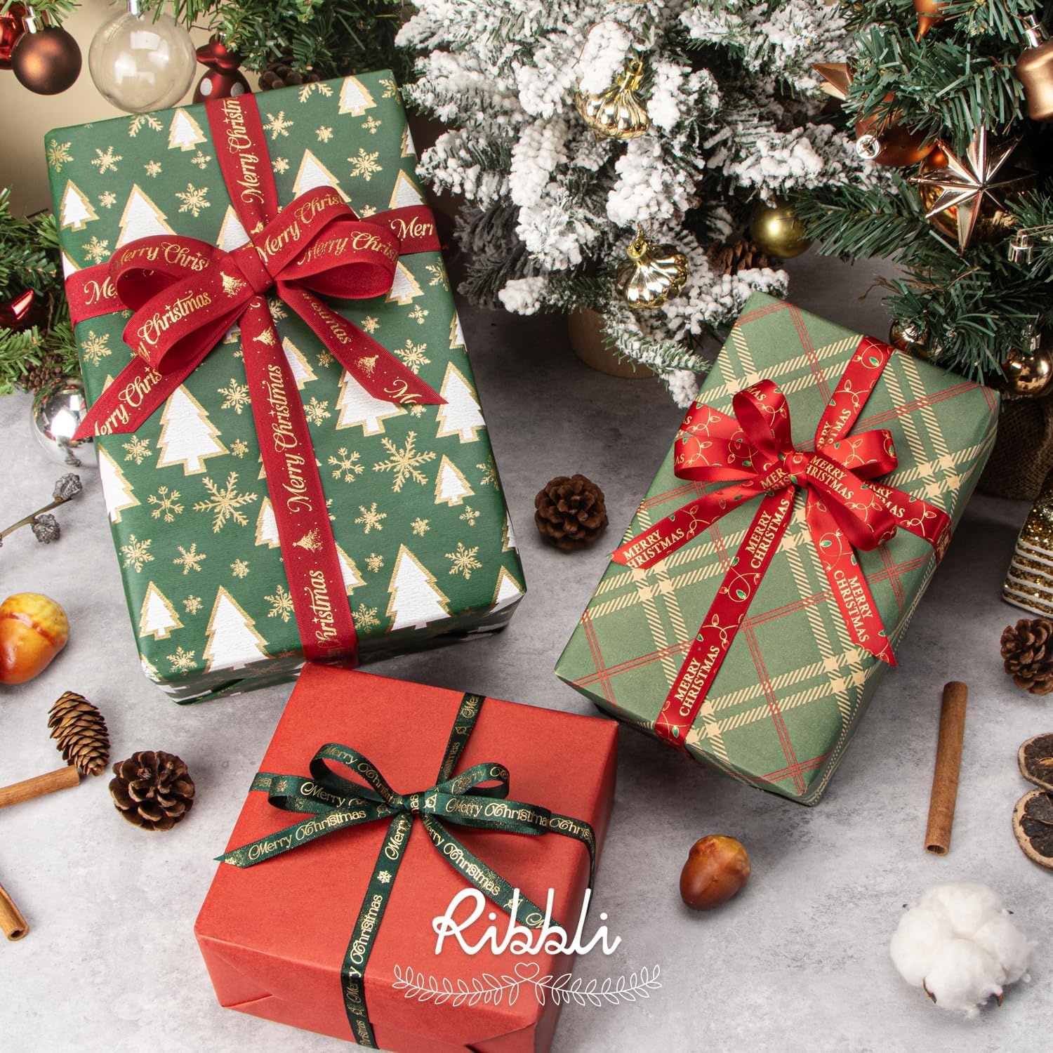 Ribbli Christmas Ribbon for Gift Wrapping, Merry Christmas Ribbon with Gold Pattern, Use for Christmas Craft,Gift Wrapping,Home Decor,3/8 5/8 1- 6 Rolls Total 30 Yards,Red/Green(Red/Green/Gold/Ivory)