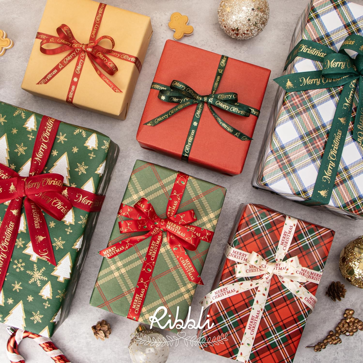 Ribbli Christmas Ribbon for Gift Wrapping, Merry Christmas Ribbon with Gold Pattern, Use for Christmas Craft,Gift Wrapping,Home Decor,3/8 5/8 1- 6 Rolls Total 30 Yards,Red/Green(Red/Green/Gold/Ivory)
