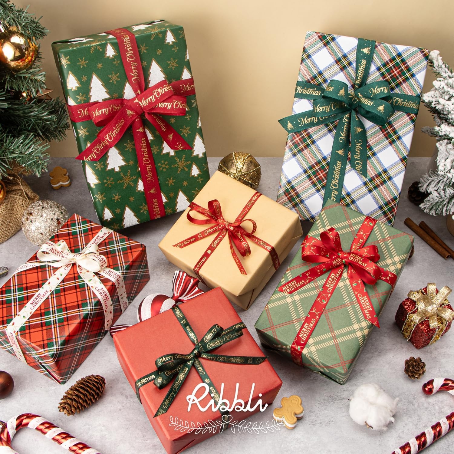 Ribbli Christmas Ribbon for Gift Wrapping, Merry Christmas Ribbon with Gold Pattern, Use for Christmas Craft,Gift Wrapping,Home Decor,3/8 5/8 1- 6 Rolls Total 30 Yards,Red/Green(Red/Green/Gold/Ivory)