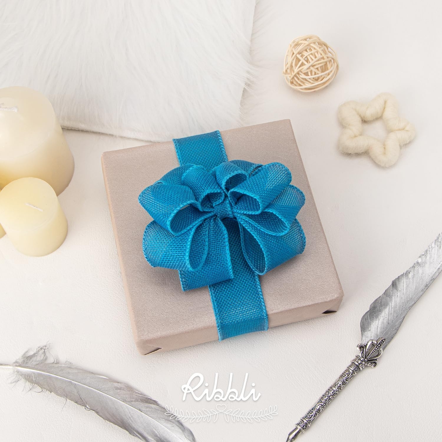 Ribbli Pink Burlap Valentine’s Day Wired Ribbon,1-1/2 Inch x 10 Yard,Easter Wired Edge Ribbon for Big Bow,Wreath,Tree Decoration,Outdoor Decoration(Turquoise Blue)