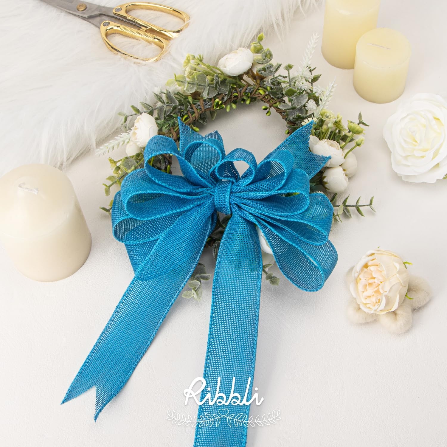 Ribbli Pink Burlap Valentine’s Day Wired Ribbon,1-1/2 Inch x 10 Yard,Easter Wired Edge Ribbon for Big Bow,Wreath,Tree Decoration,Outdoor Decoration(Turquoise Blue)