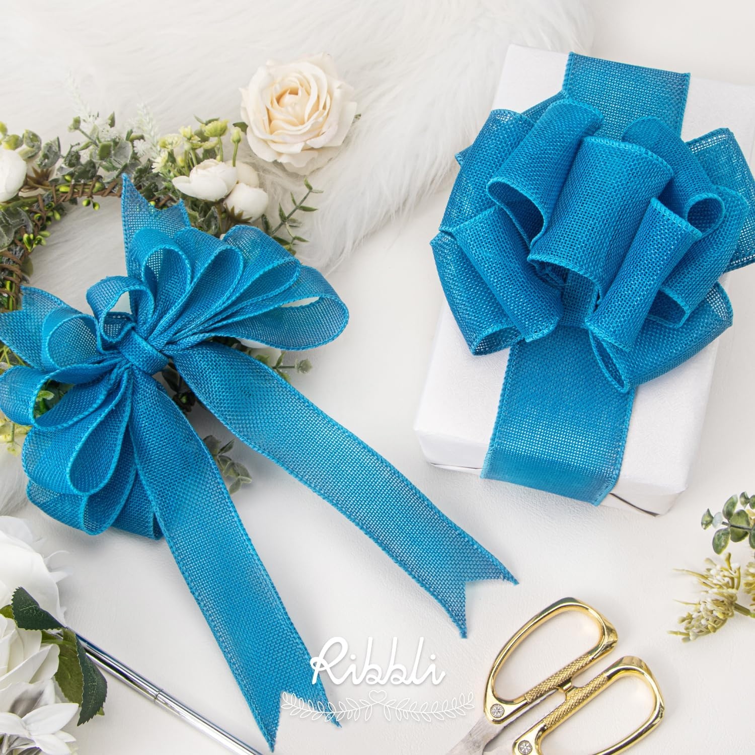 Ribbli Pink Burlap Valentine’s Day Wired Ribbon,1-1/2 Inch x 10 Yard,Easter Wired Edge Ribbon for Big Bow,Wreath,Tree Decoration,Outdoor Decoration(Turquoise Blue)