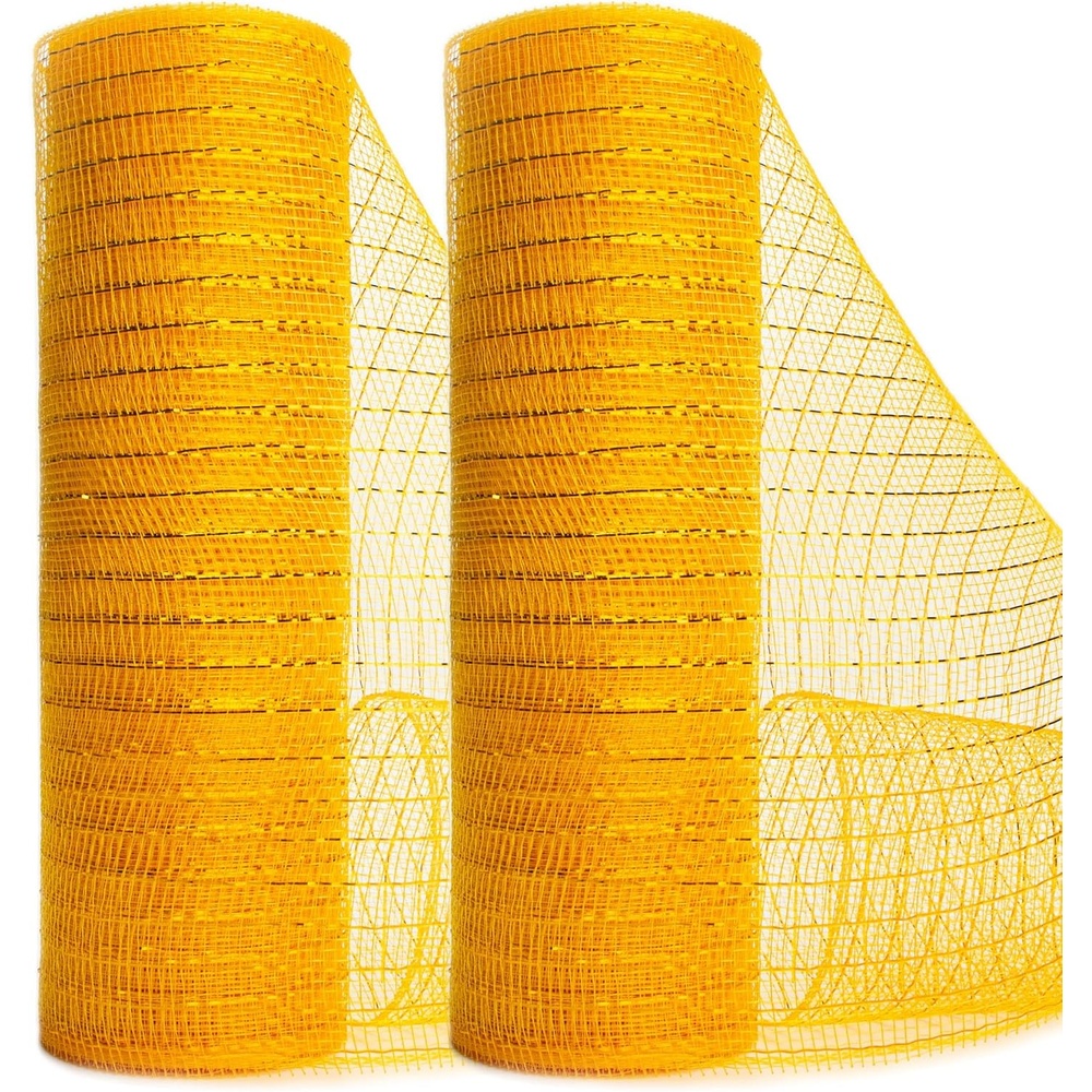 Ribbli 2 Rolls Champagne Gold Metallic Mesh Ribbon Champagne Gold Deluxe Foil Christmas Ribbon for Christmas Tree Wreath Swags Wedding Garland 10 inch x 30 feet(10Yard) Per Roll(Yellow Gold/Gold)