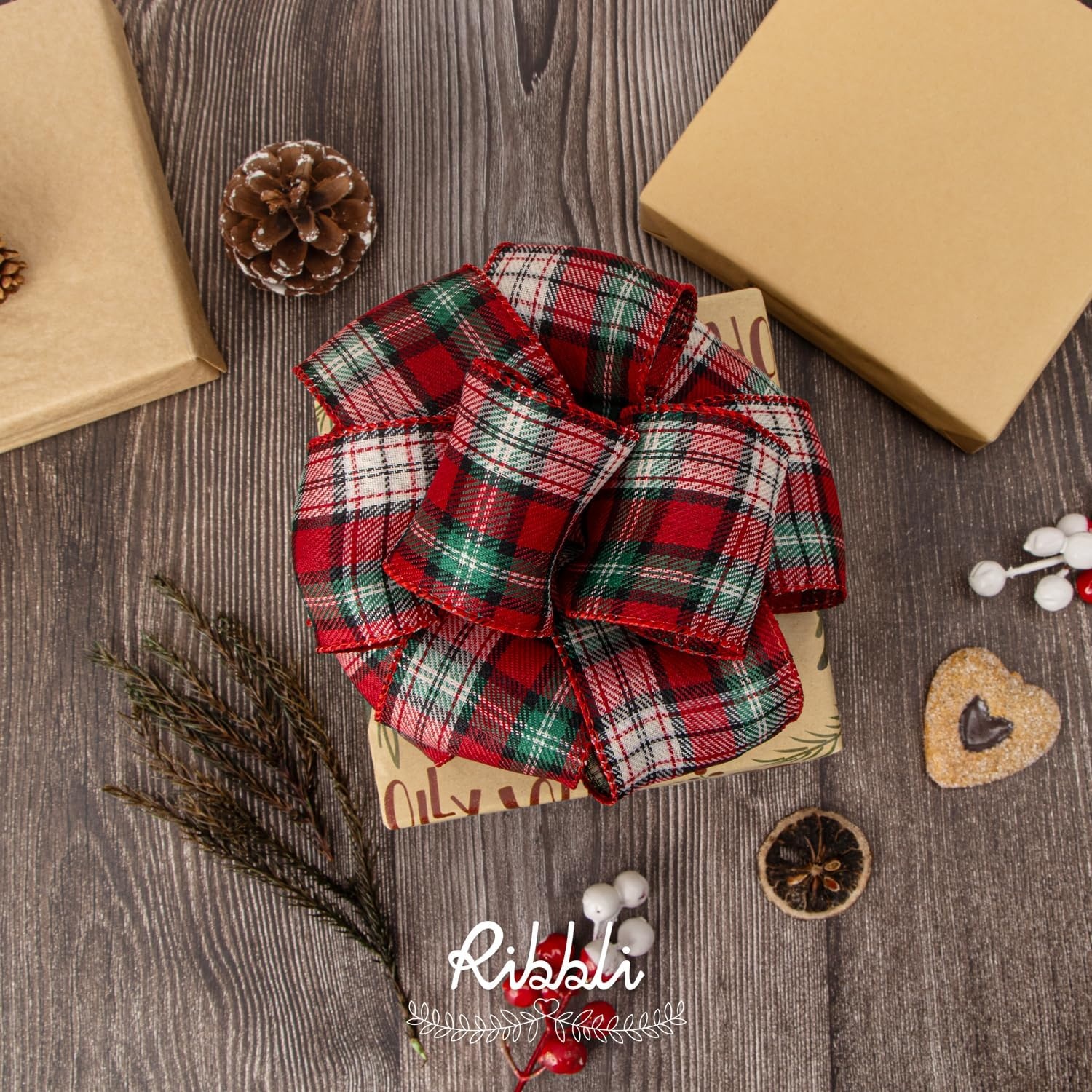 Ribbli Christmas Plaid Wired Ribbon, Green Blue Plaid Ribbon 1-1/2 Inch x Continuous 10 Yard, Christmas Ribbon for Gift Wrapping, Big Bow, Wreath(Red/Green/Ivory)