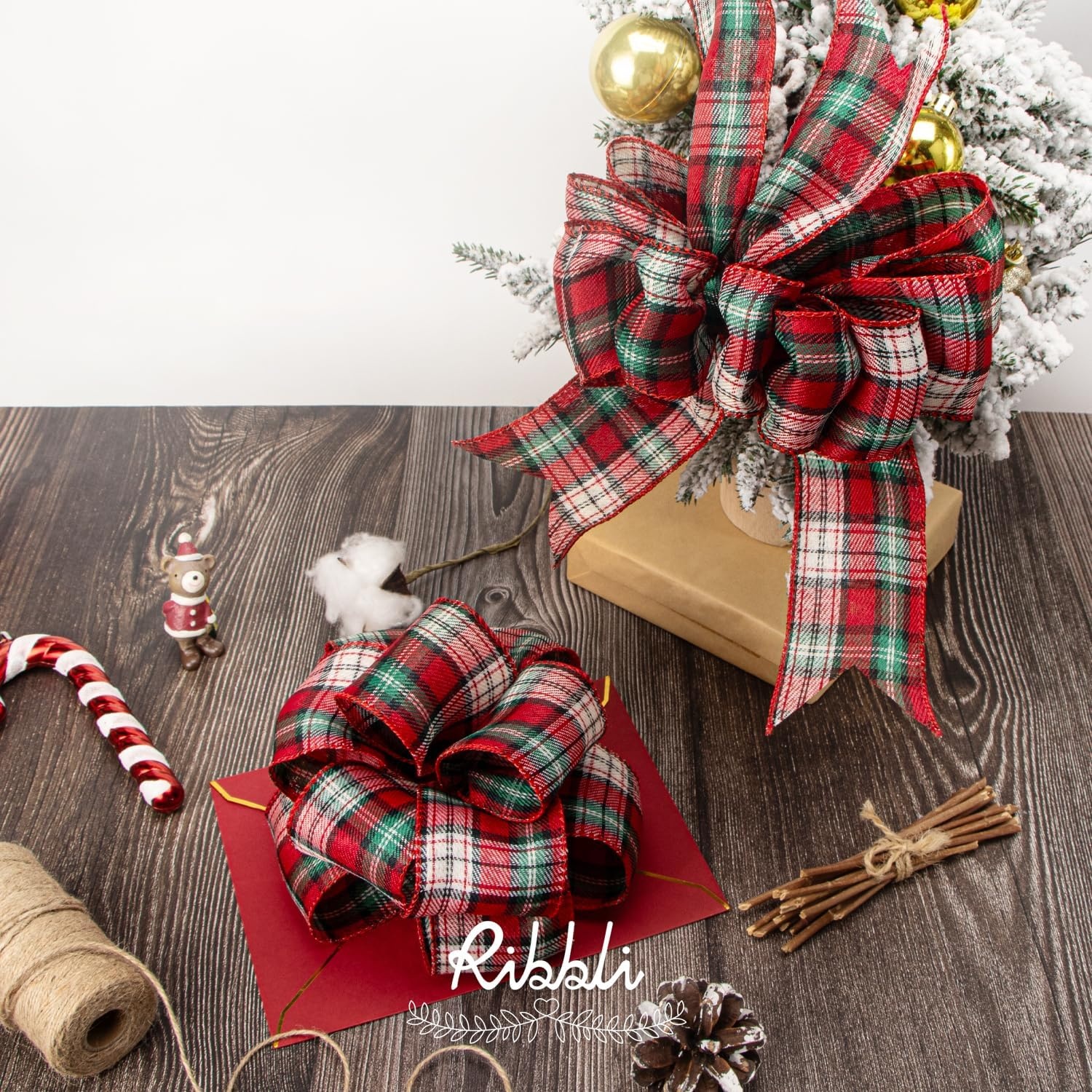 Ribbli Christmas Plaid Wired Ribbon, Green Blue Plaid Ribbon 1-1/2 Inch x Continuous 10 Yard, Christmas Ribbon for Gift Wrapping, Big Bow, Wreath(Red/Green/Ivory)