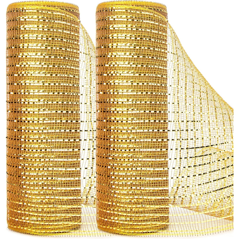 Ribbli 2 Rolls Champagne Gold Metallic Mesh Ribbon Champagne Gold Deluxe Foil Christmas Ribbon for Christmas Tree Wreath Swags Wedding Garland 10 inch x 30 feet(10Yard) Per Roll(Gold)