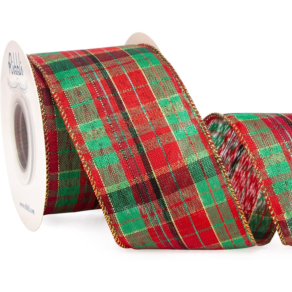 Ribbli Christmas Ribbon Wired, Red and Green Plaid Ribbon 2-1/2 inch x Continuous 10 Yard, Christmas Tree Ribbon for Topper Bow,Wreath and Swag, Gift Wrapping, Tree Decoration(Red/Green/Gold)