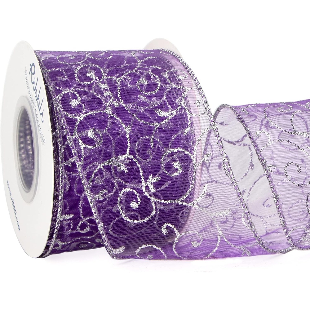 Ribbli Swirl Glitter Wired Ribbon, Burgundy Organza Sheer with Gold Glitter Swirl Pattern and Gold Metallic Edge,2-1/2 Inch x 10Yards Christmas Ribbon for Tree Decoration(Purple/Silver)