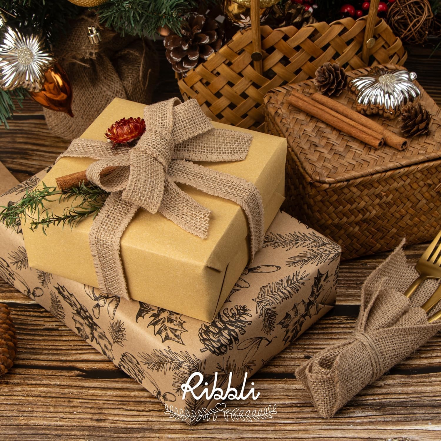 Ribbli Jute Burlap Ribbon 4 Inch x 10 Yard,Natural Solid Ribbon for Crafts,Gift Wrapping,Wreath,Tree Decoration,Outdoor Decoration(Non-Wired)(1inch)