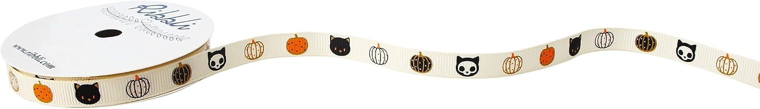 Ribbli Grosgrain Halloween Ribbon,Pumpkins & Black Cat Ribbon Use for Craft,Halloween Wrapping,Home Decor,3/8 Inches x 10 Yards,Ivory/Orange/Black(Ivory/Black)